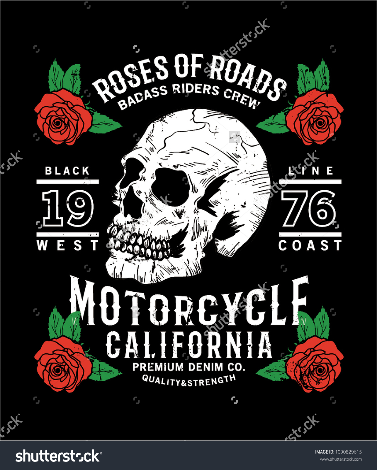 tee print design as vector with skull and rose drawn