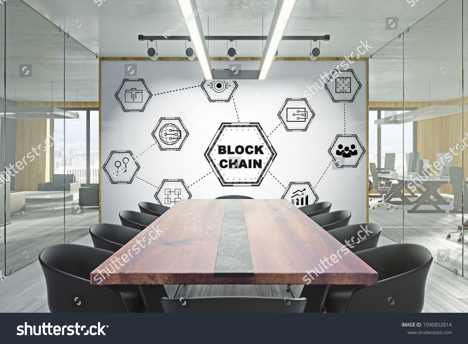 Modern meeting room with creative blockchain sketch and daylight. Cryptocurrency seminar concept. 3D Rendering