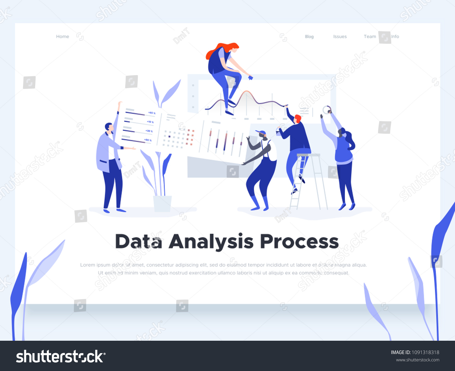 人们构建仪表板并与图形进行交互。数据分析和办公室情况。着陆页模板。矢量图