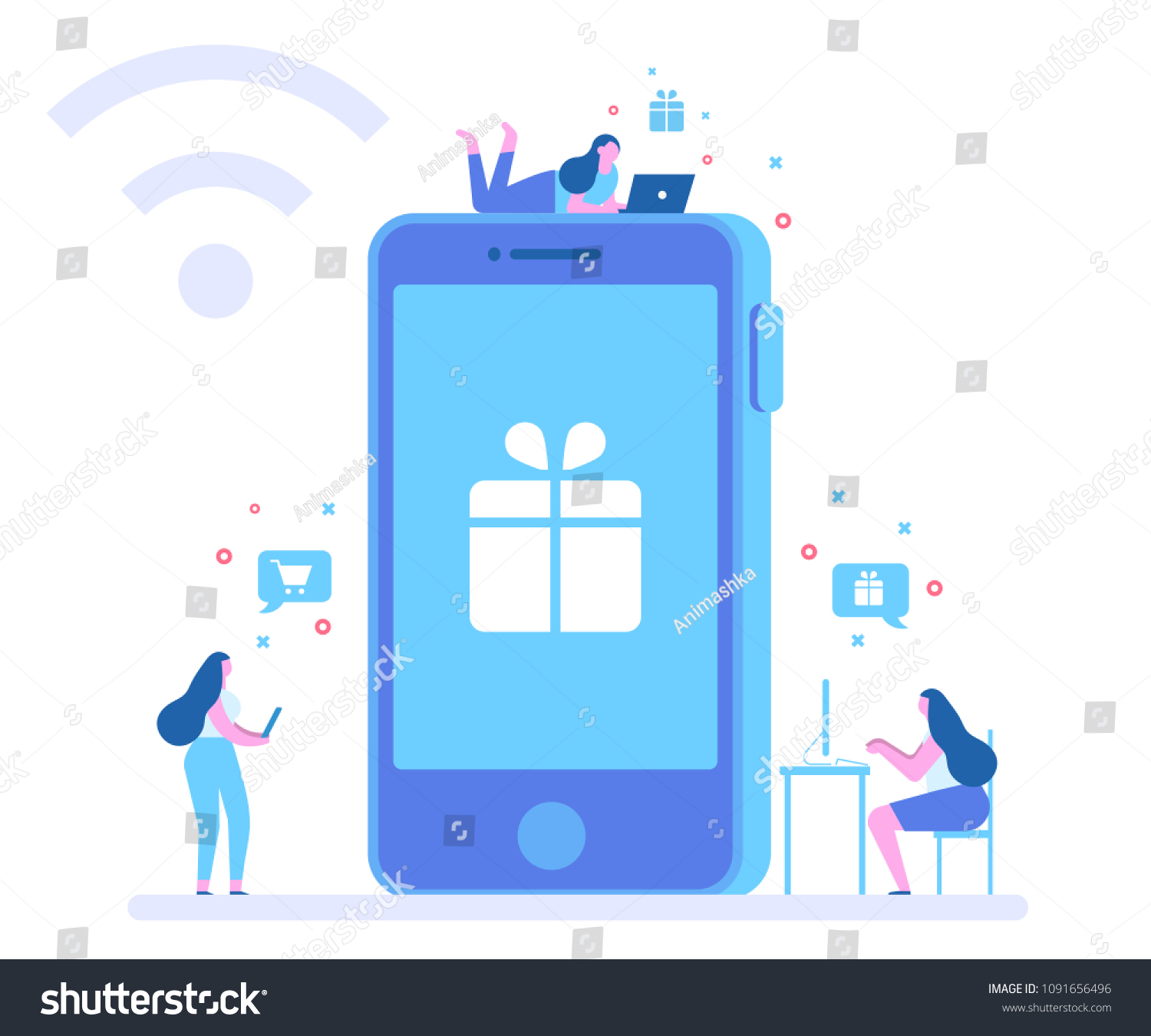 Mobile shopping concept. Different people in front of  big cell phone.Flat vector illustration.