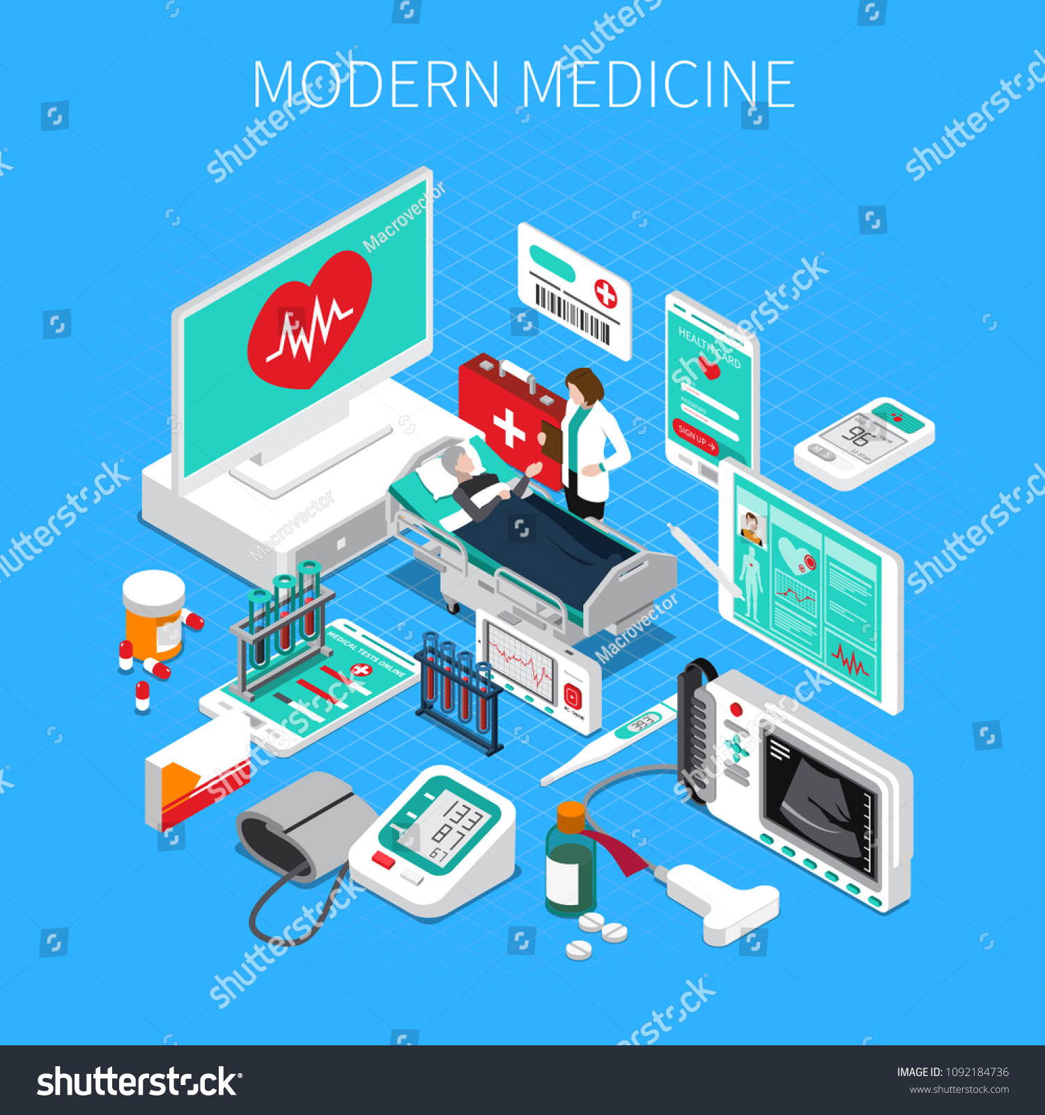 Modern medicine isometric composition on blue background with doctor and patient  medical devices and drugs vector illustration