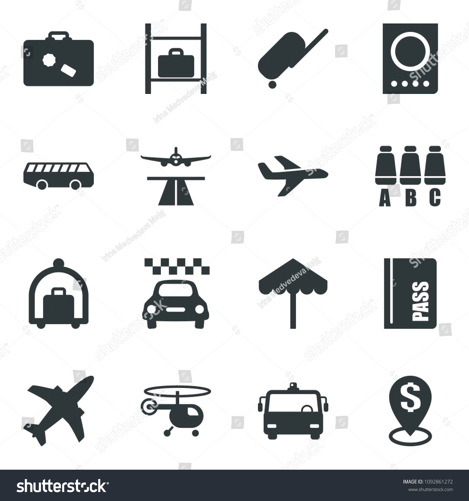 Black vector icon set plane vector  runway  taxi  suitcase  baggage trolley  airport bus  umbrella  passport  helicopter  seat map  luggage storage  dollar pin