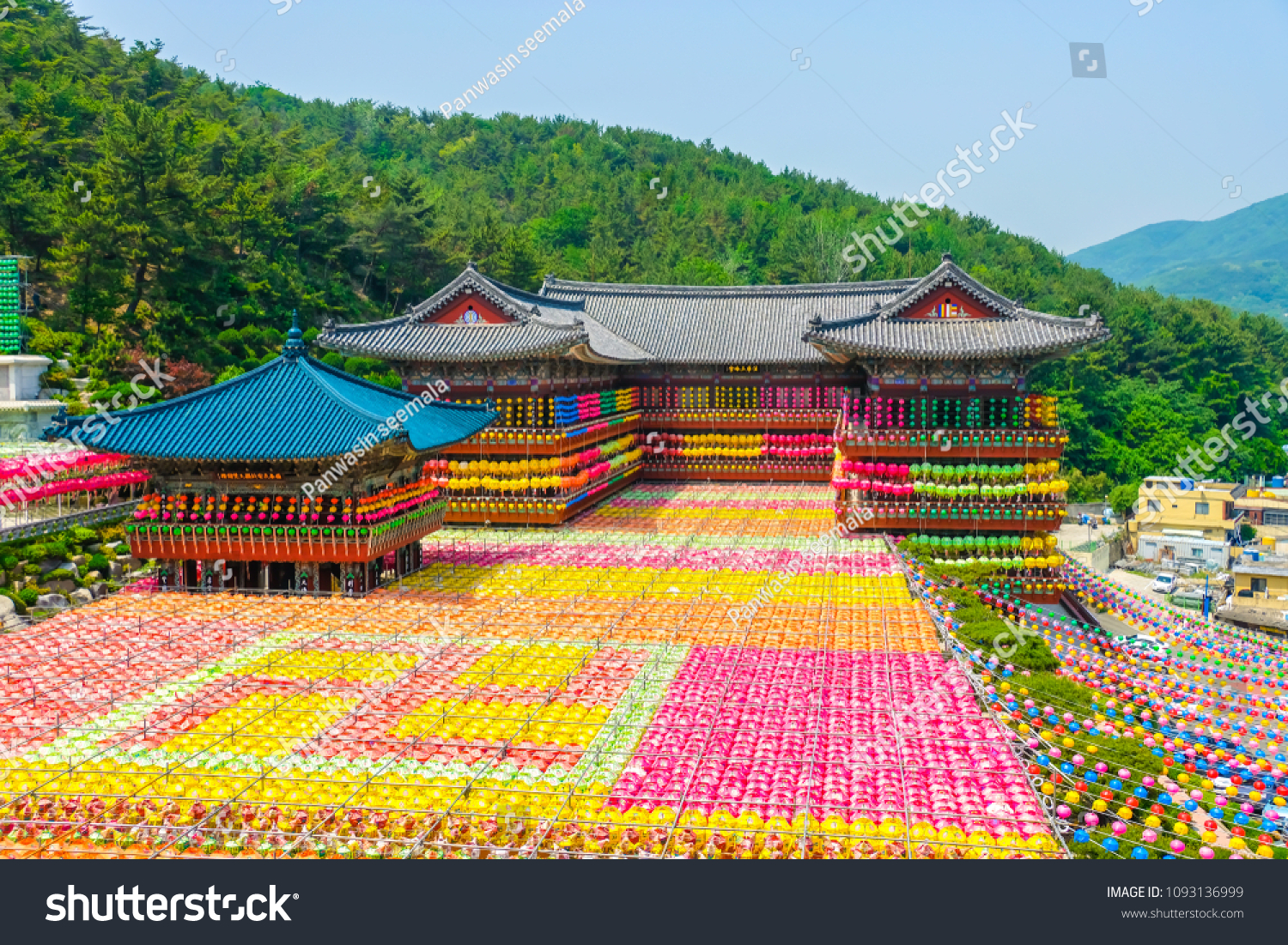 View of Samgwangsa temple in Busan city of South Korea. Thousands of paper lanterns decorate Samgwangsa Temple in Busan South Korea for Buddha's Birthday.