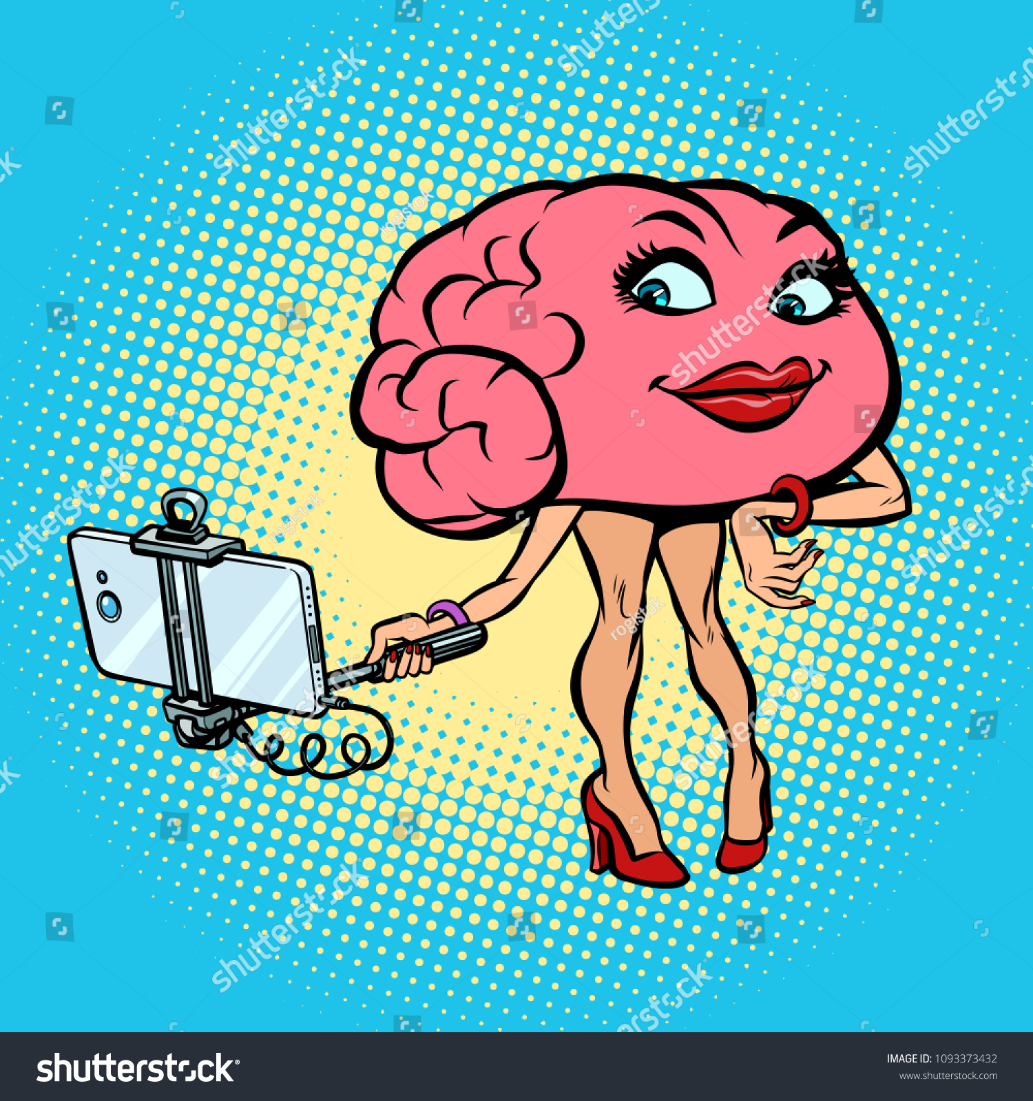 Character brain Woman selfie stick photo. Comic book cartoon pop art retro illustration