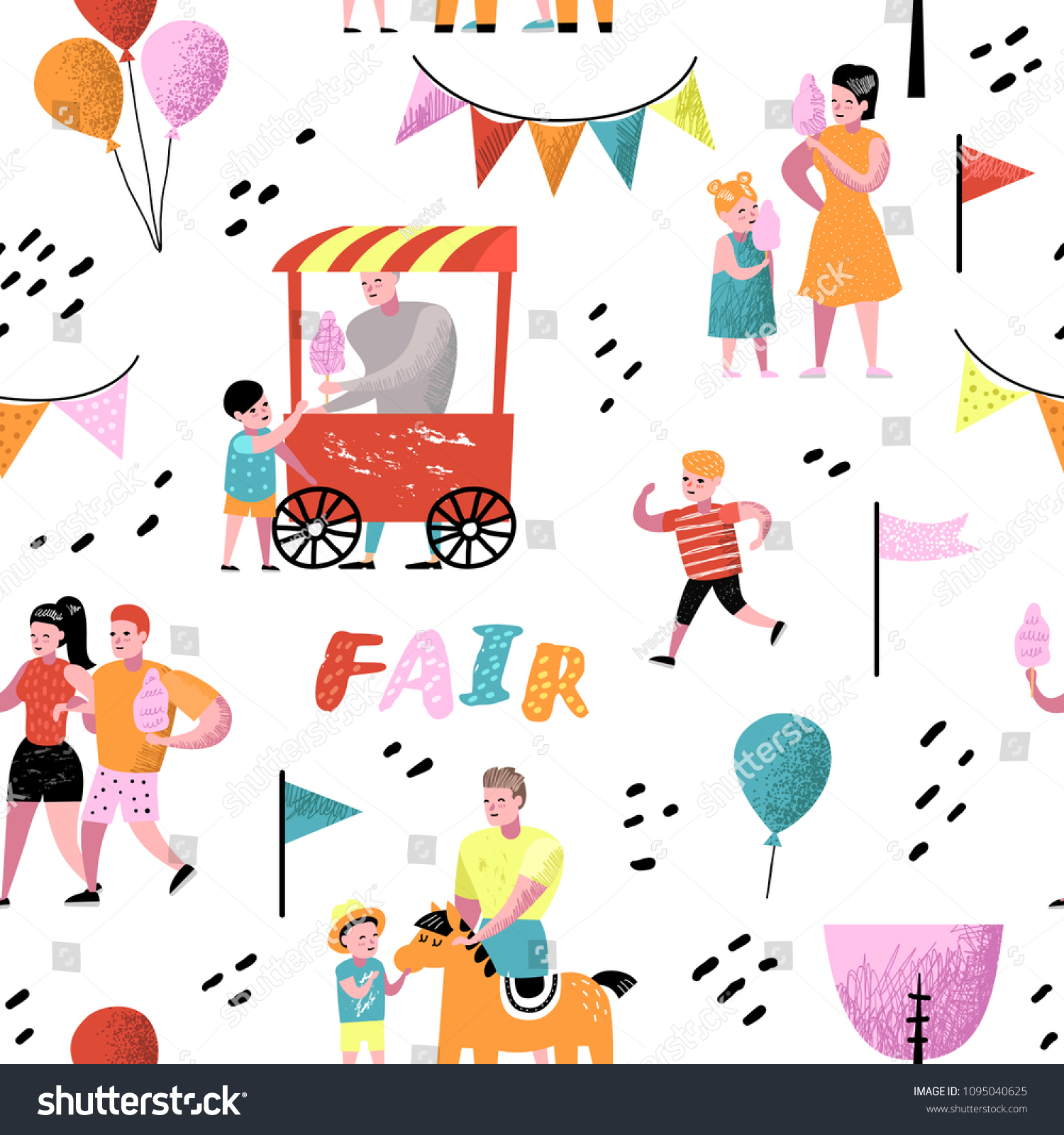 Summer Fun Fair Seamless Pattern. Amusement Park Characters with Cartoon People. Family Kids Vacation Background for Wallpaper  Fabric. Vector illustration