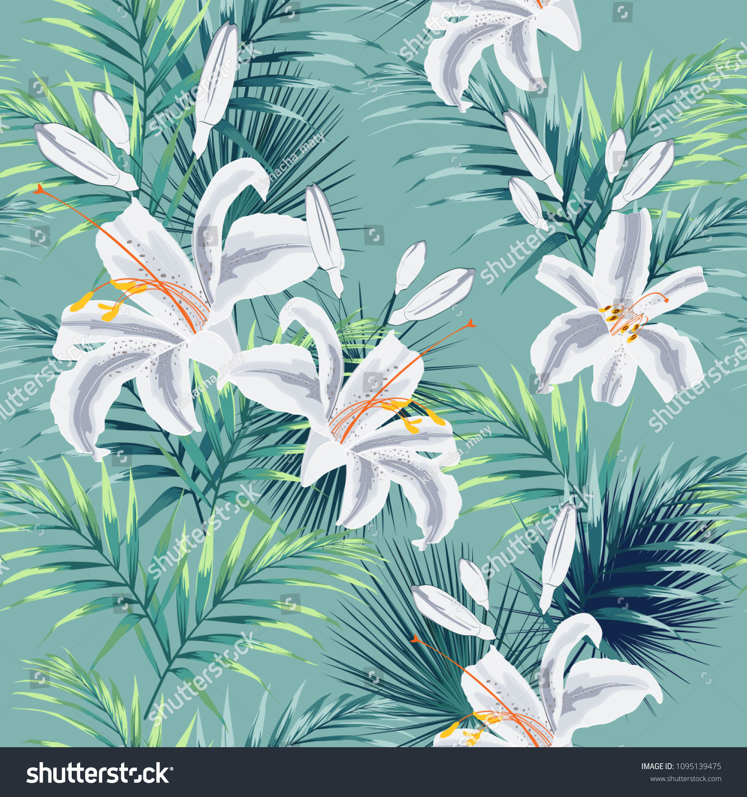 Seamless pattern with tropical leaves and royal white lilies flowers. Dark and bright green palm leaves on the mint background. Tropical illustration. Jungle foliage.