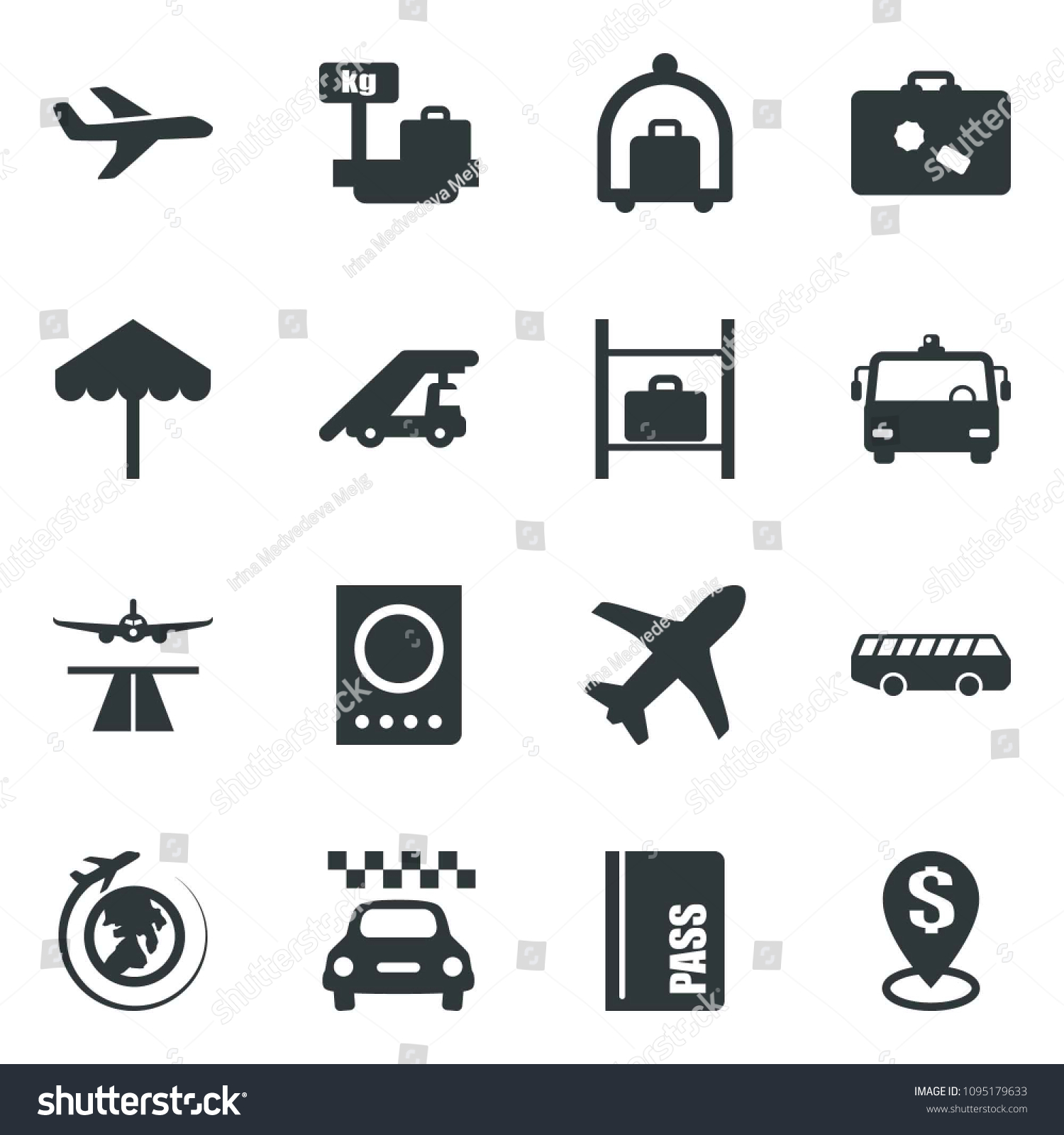 Black vector icon set runway vector  taxi  suitcase  baggage trolley  airport bus  umbrella  passport  ladder car  luggage storage  scales  plane globe  dollar pin