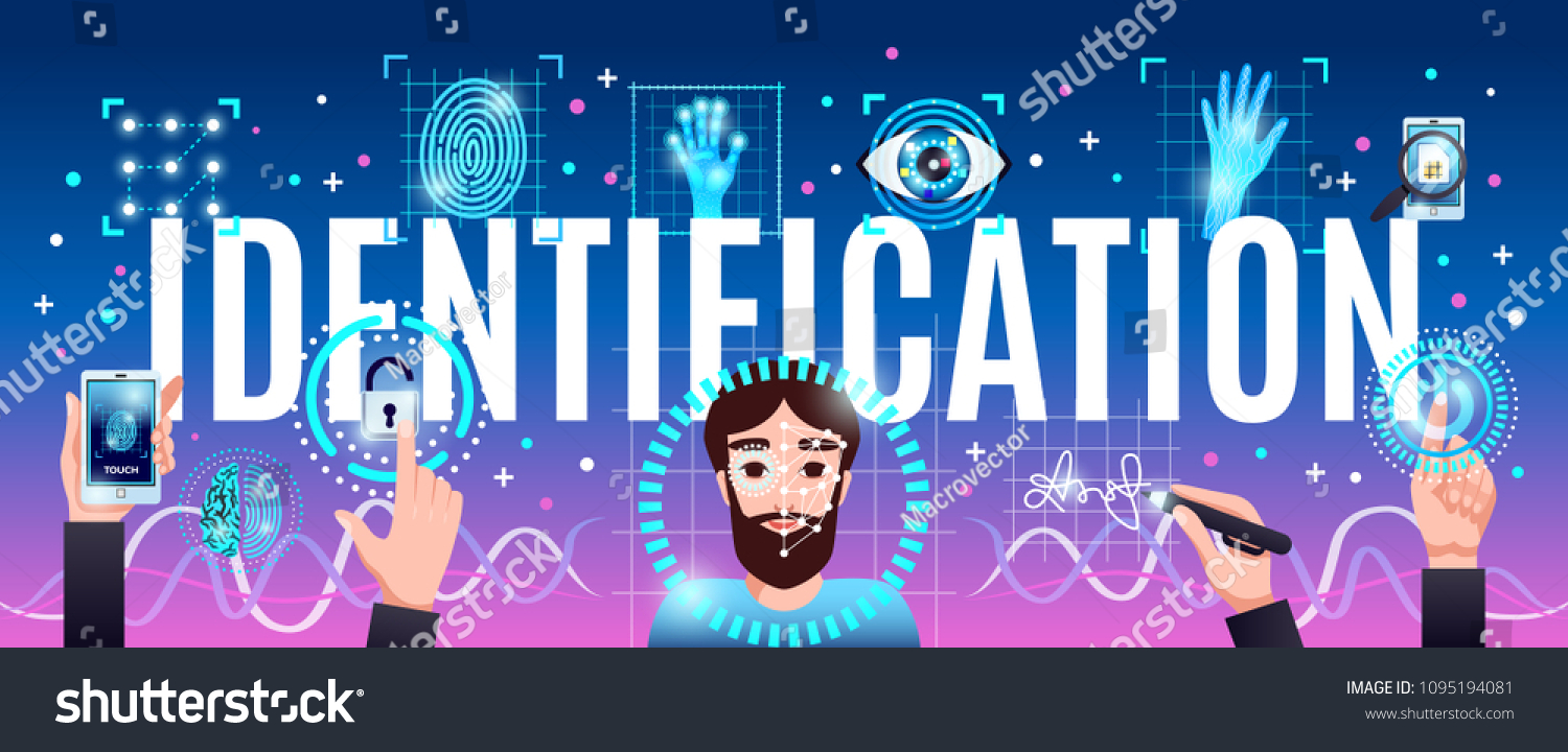 Identification innovative computer security technologies horizontal colorful composition header title with face hand eye recognition vector illustration 