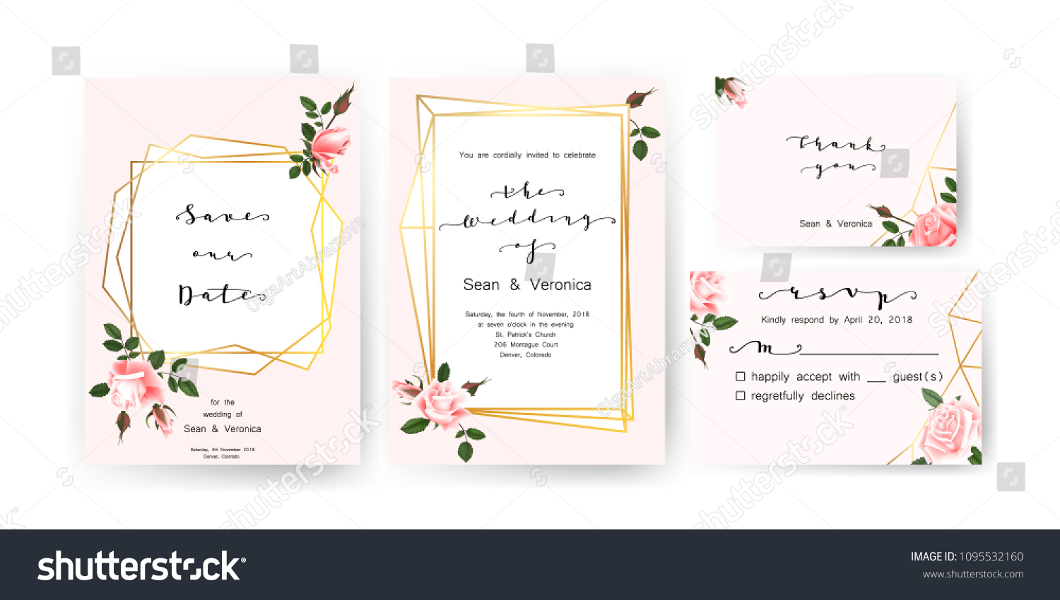 Save the date card  wedding invitation  greeting card with beautiful roses flowers and letters "The Wedding of". Set of card with flower  leaves and geometrical frame. Vector EPS10