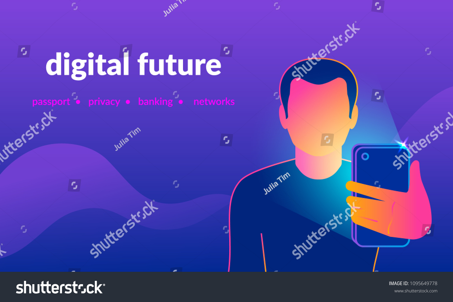 Face identification of young man by mobile phone front camera shoot. Gradient line vector illustration of man holds smartphone in his hand for getting access to device via face recognition technology