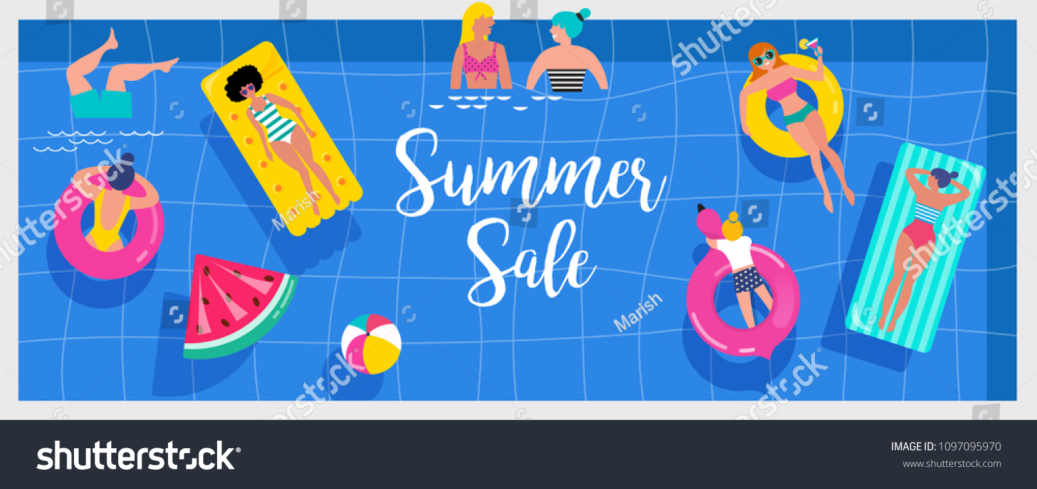 顶景海滩背景 泳池派对 夏季水活动 有很多小人 角色 雨伞 球和孩子们的场景。矢量横幅 海报设计