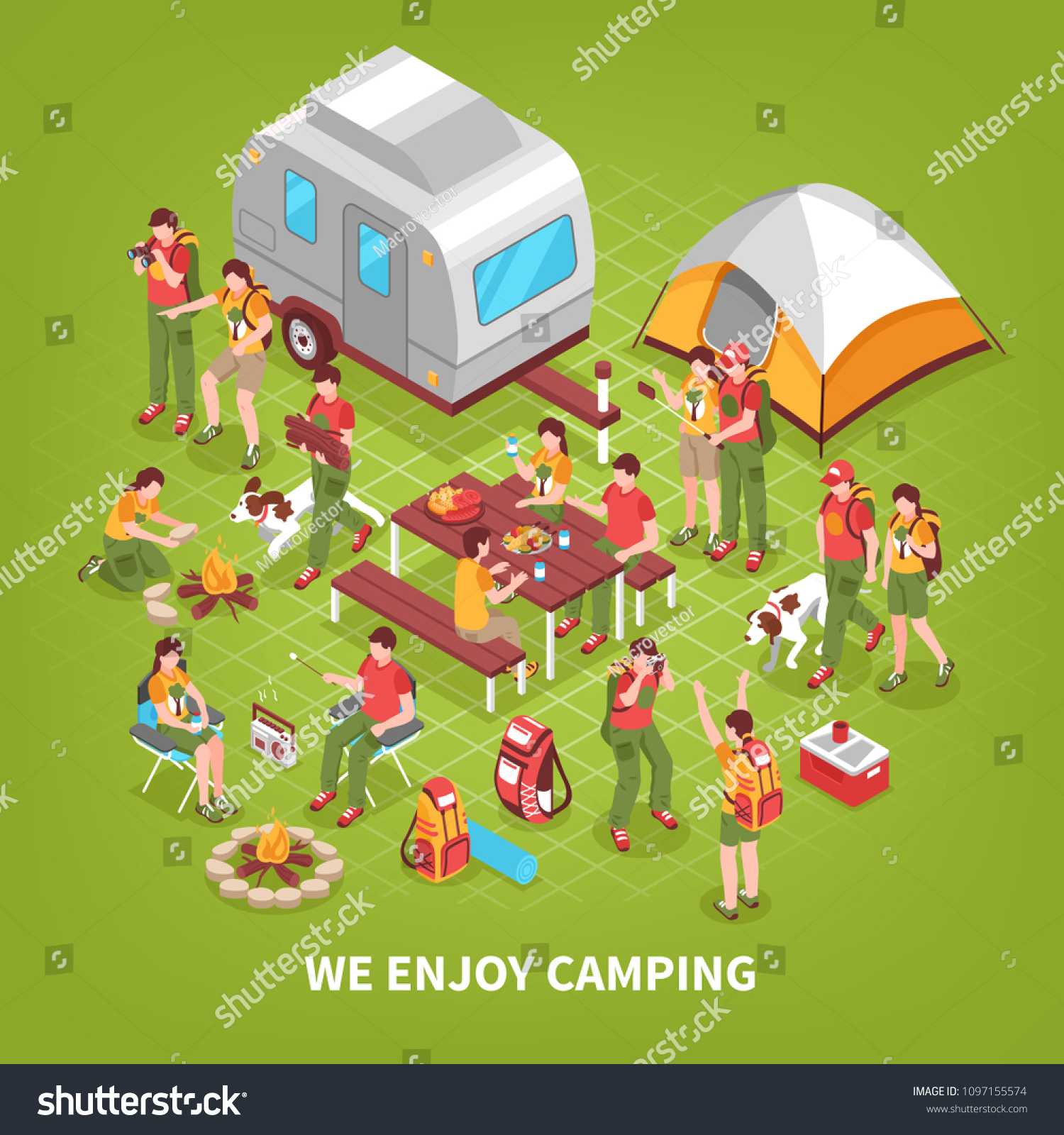 Family camping vacation trips and expeditions site isometric background poster with people tent and caravan vector illustration