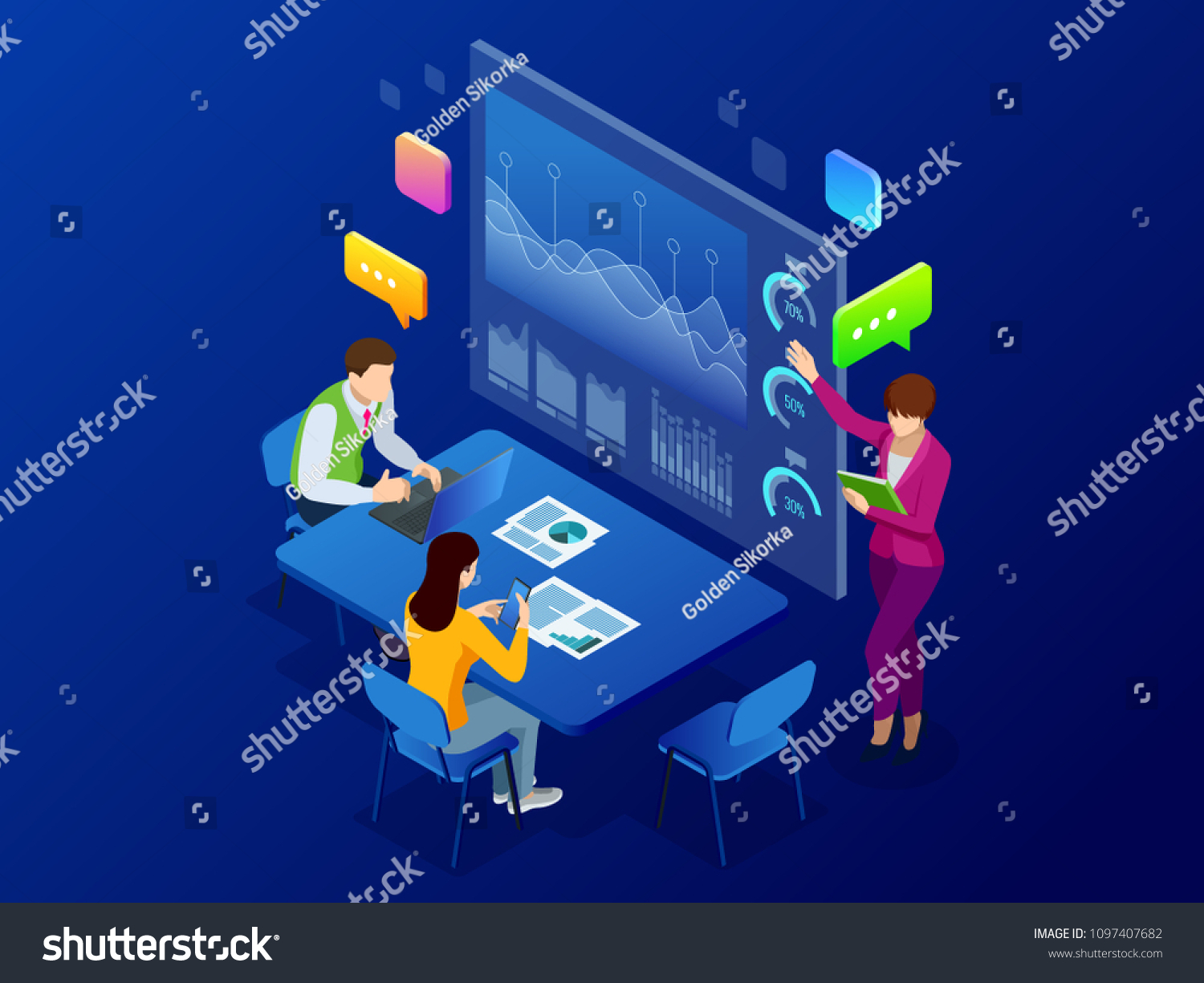 Isometric business analysis and planning  consulting  team work  project management  financial report and strategy concept. Unity and teamwork concept. Vector illustration.