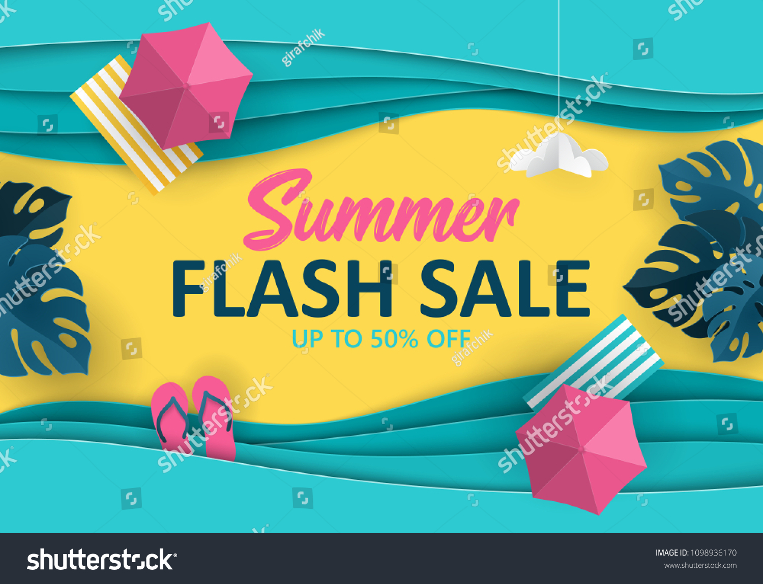 Summer sale banner design with paper cut tropical beach top view background. Vector illustration
