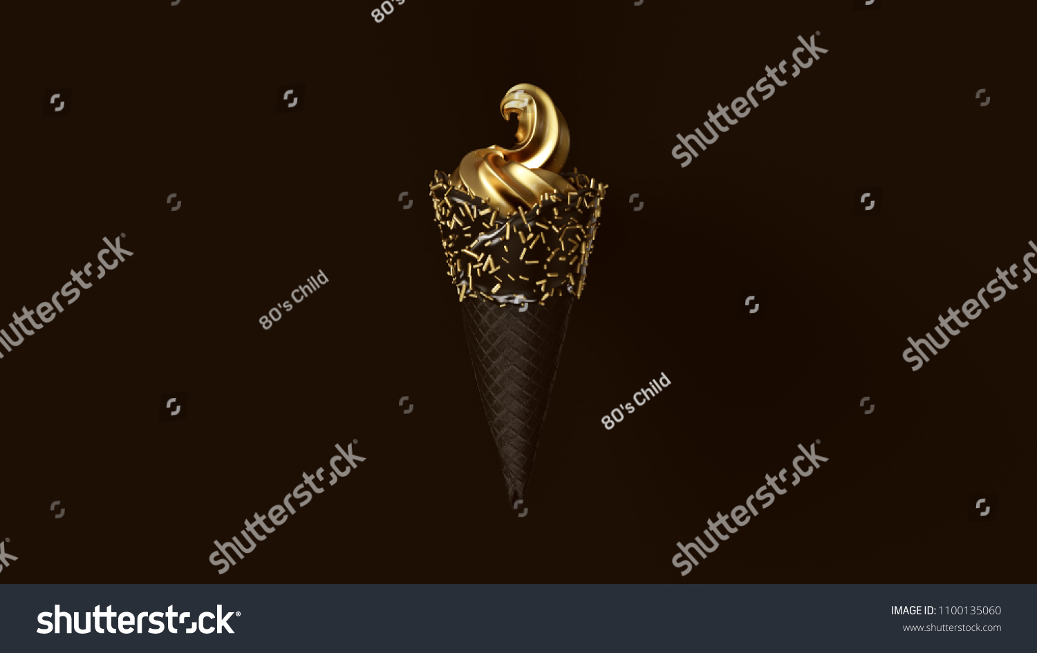 Gold Leaf Ice Cream with Black Icing and Gold Sprinkles 3d illustration