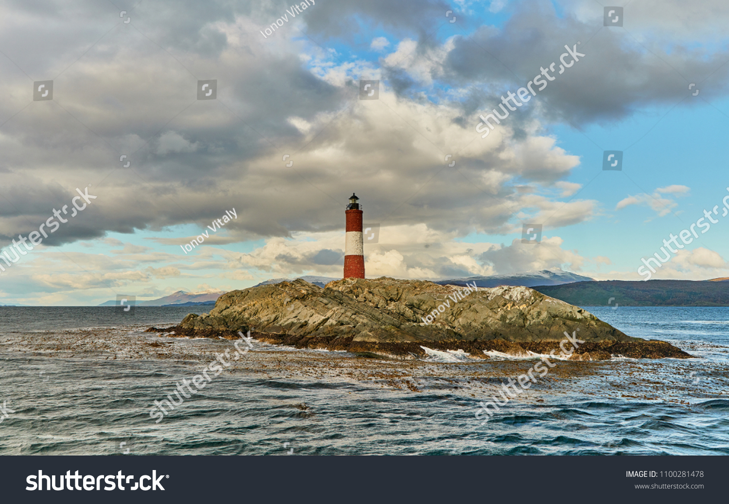 View of the Beagle lighthouse during the autumn cloudy day. Argentine Patagonia in Autumn