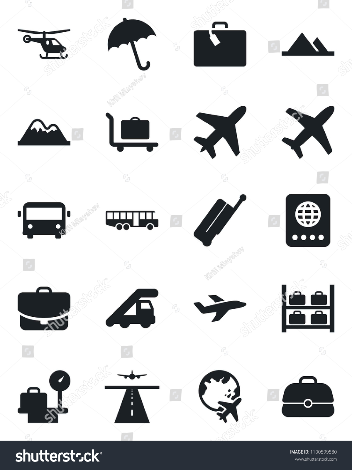 Set of vector isolated black icon - plane vector  runway  suitcase  baggage trolley  airport bus  umbrella  passport  ladder car  helicopter  luggage storage  scales  globe  mountains  case