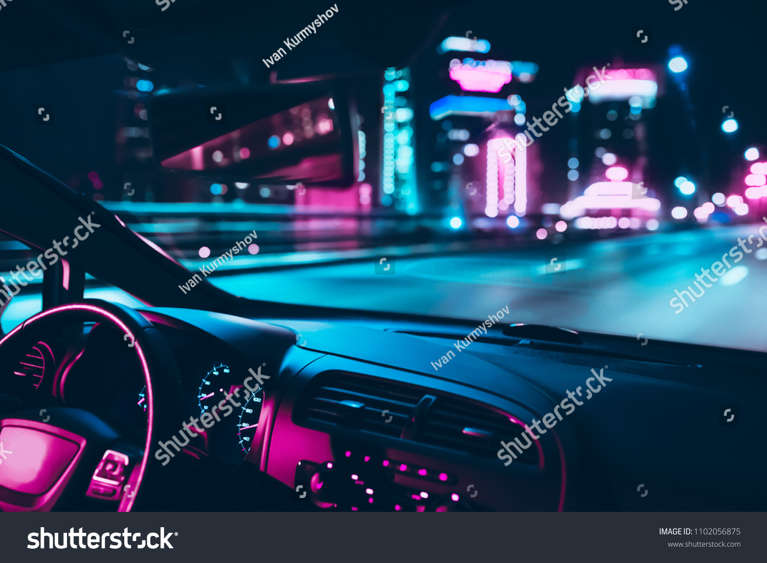Car speed drive on the road in night city. Retro wave neon noir lights color toning