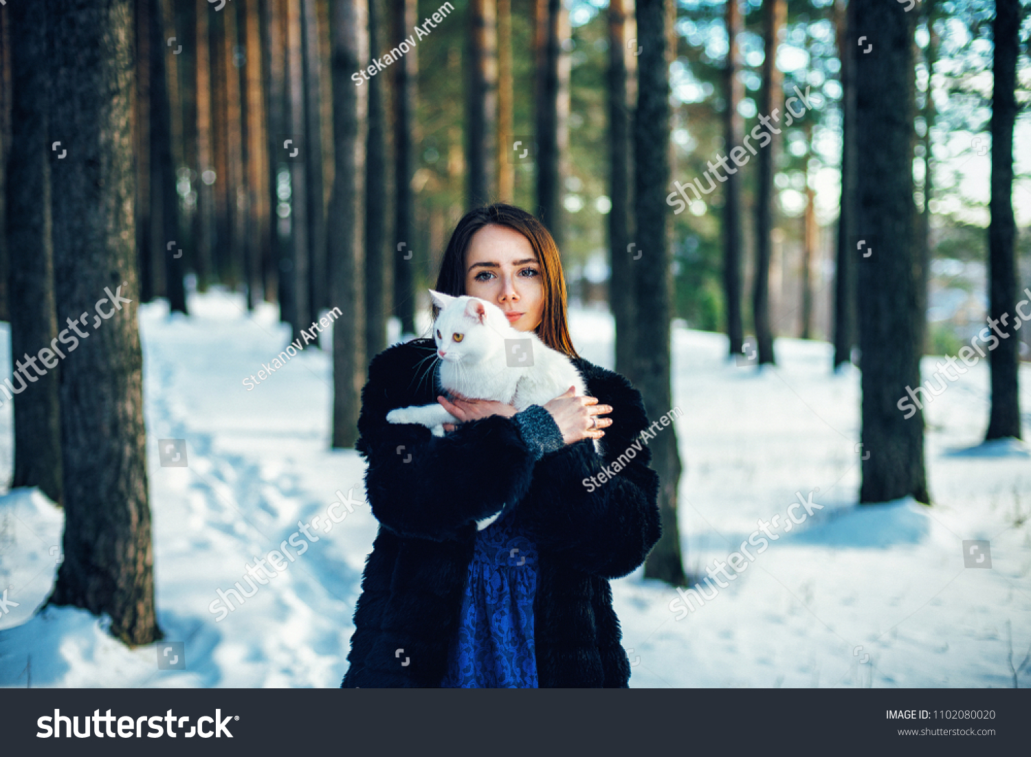 
girl in the forest with a cat