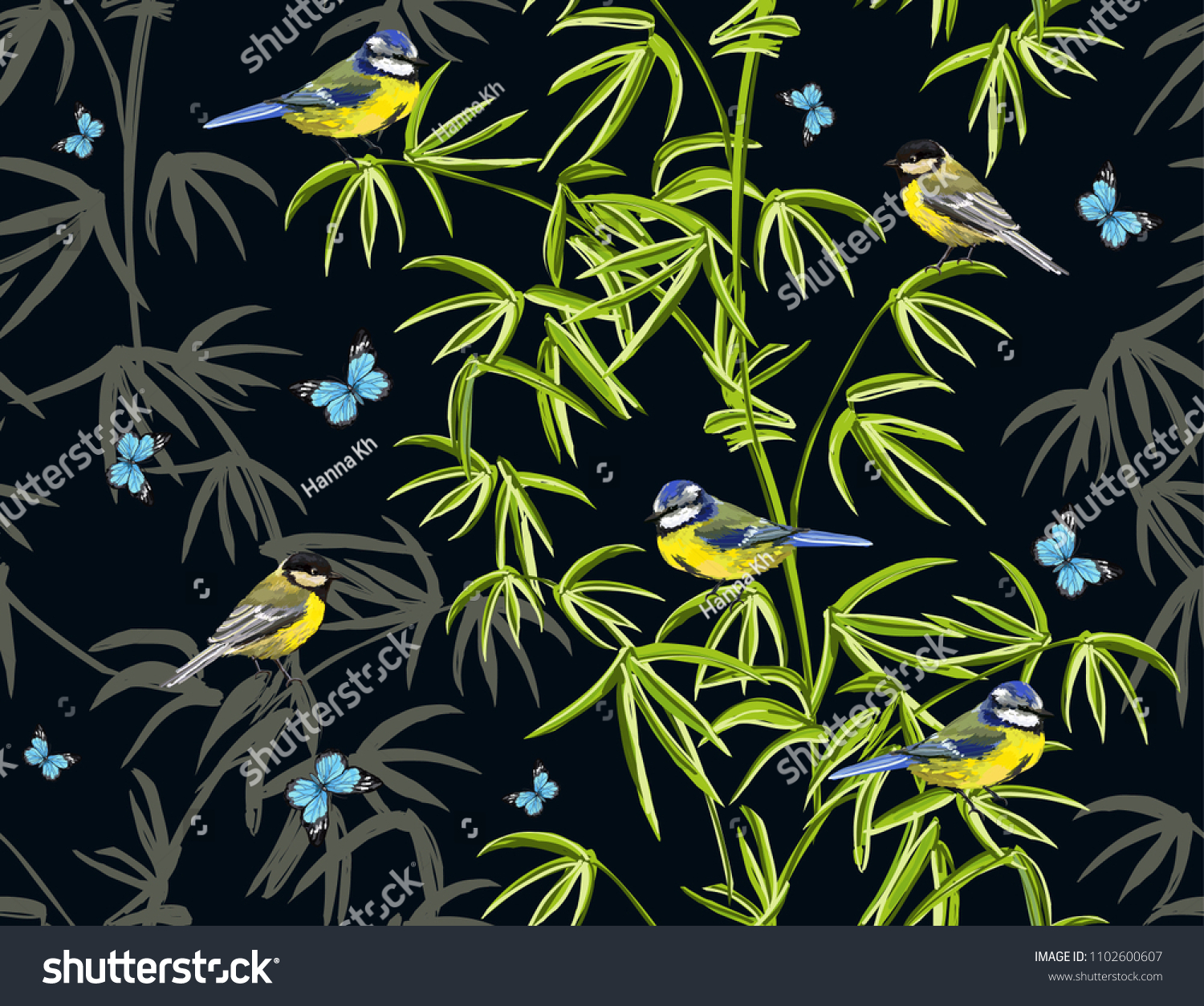 Colorful  hand drawn floral seamless pattern with bamboo  japanese birds  butterflies. Vector vintage traditional folk fashion illustration ornament on black  background. 