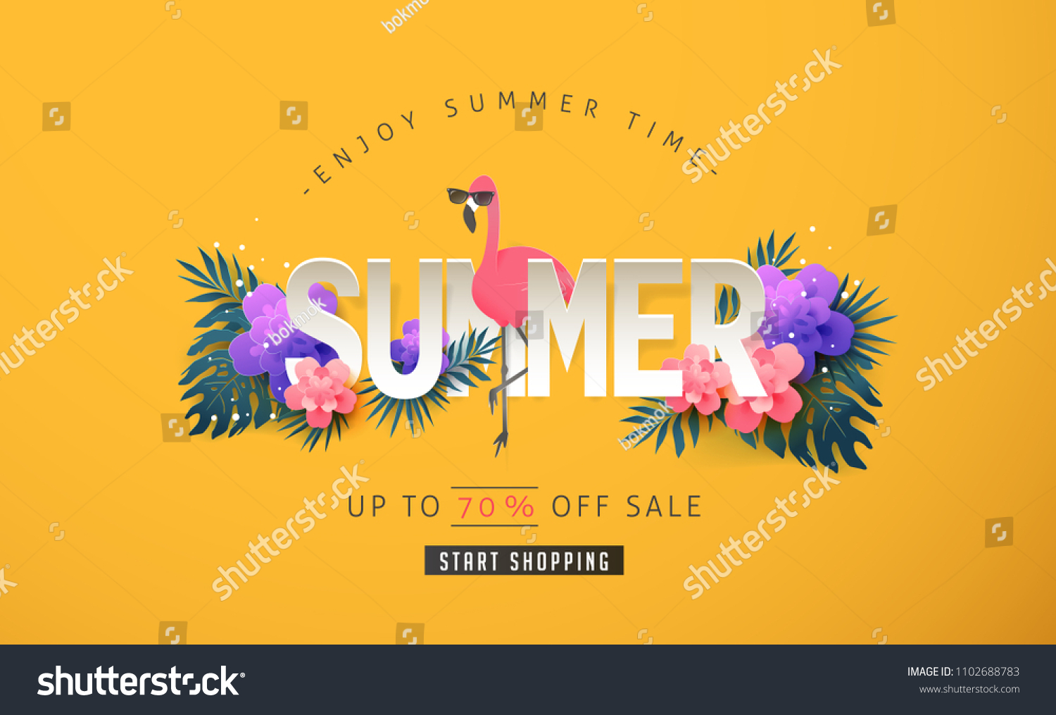 Summer sale background layout banners decorate with paper art tropical leaf and flamingo .voucher discount.Vector illustration template.