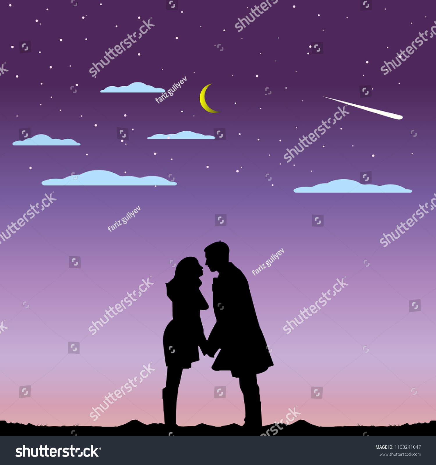 Illustration of love and valentine's Day with couple silhouette and half moon