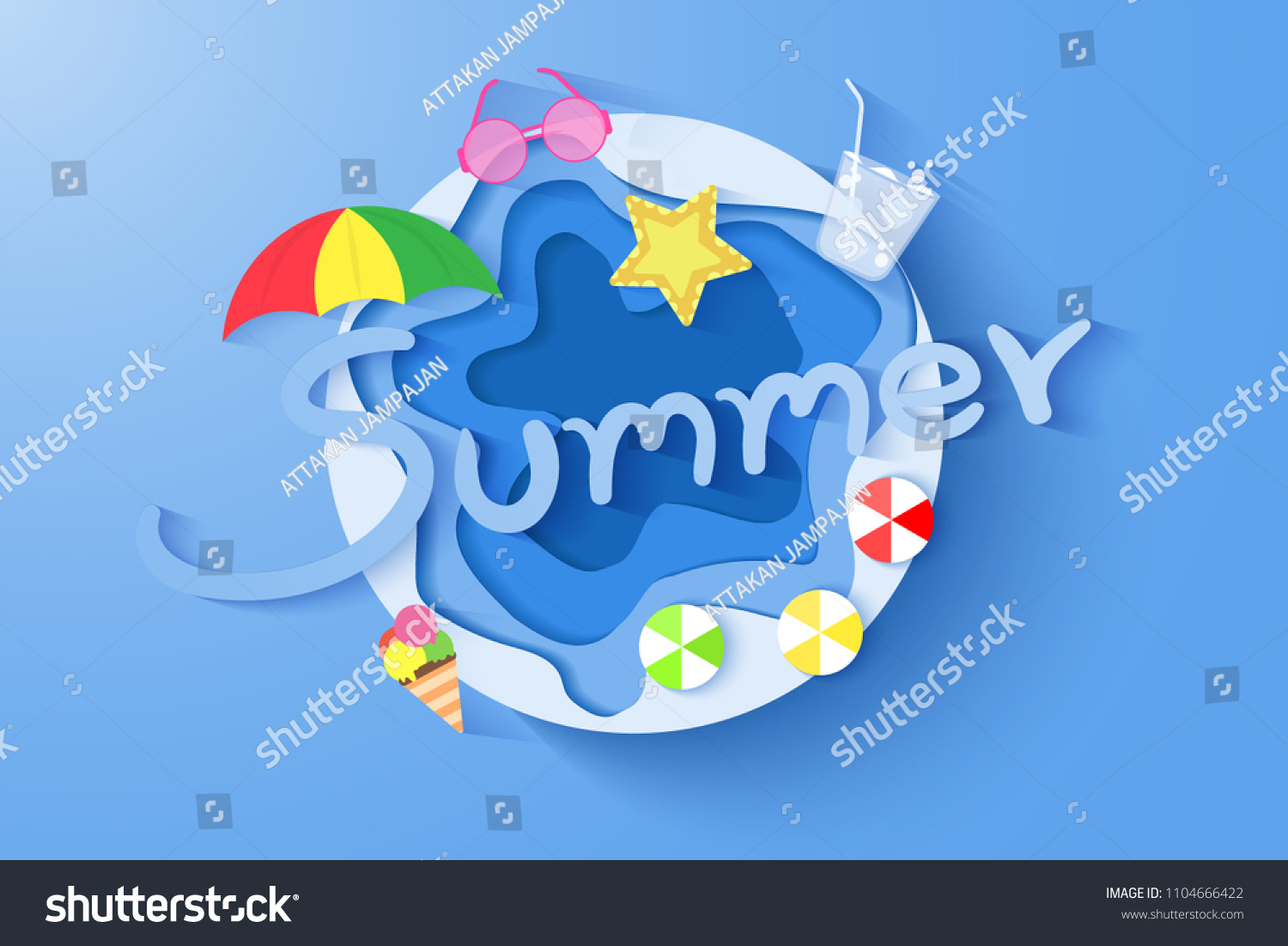 Paper art style in the summer concept Vector Illustration.