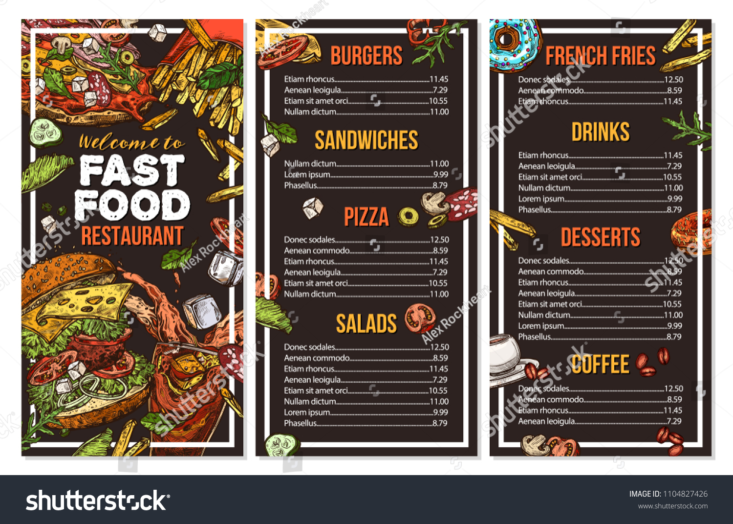 Fast food vector menu template in sketch style. Design for restaurant menu with hand drawn illustrations of burger  drink  french fries  pizza on chalkboard
