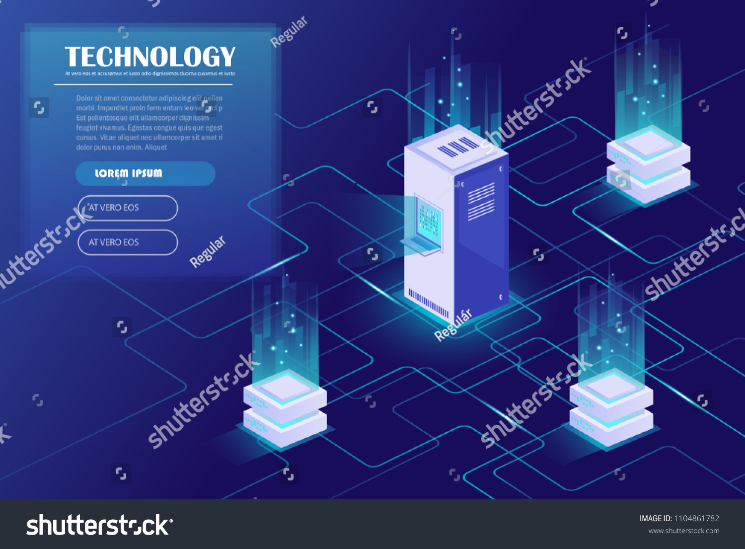 Web hosting and big data processing  server room rack. Data center  cloud storage technology. Energy station concept. Isometric vector illustration. 