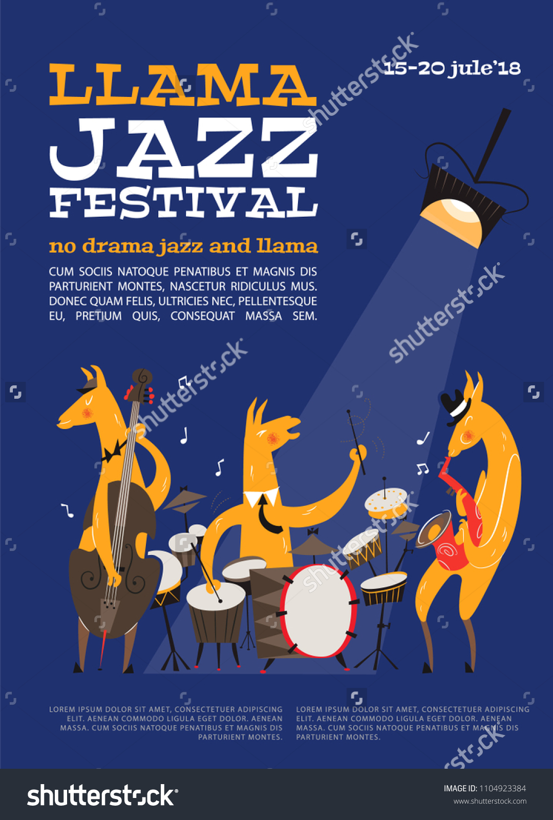 Jazz festival poster with cartoon llamas. Llamas are playing on the saxophone  double bass and snare drum. Perfect for music events  jazz concerts in trend style. Design in style of the 1950s.
