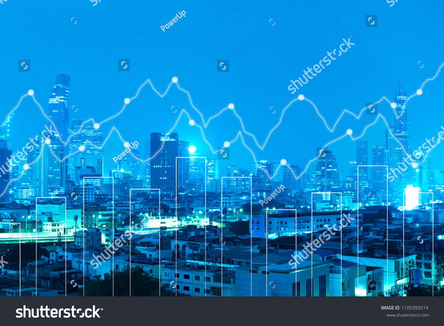 abstract business bar graph on night city background.
