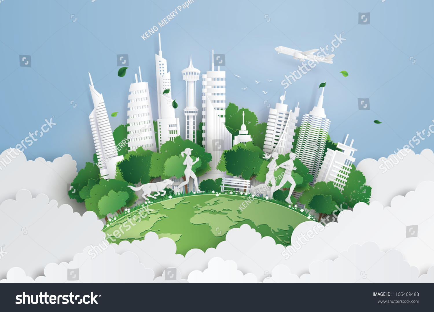 Illustration of eco concept green cityon the skyf. Paper art and digital craft style.