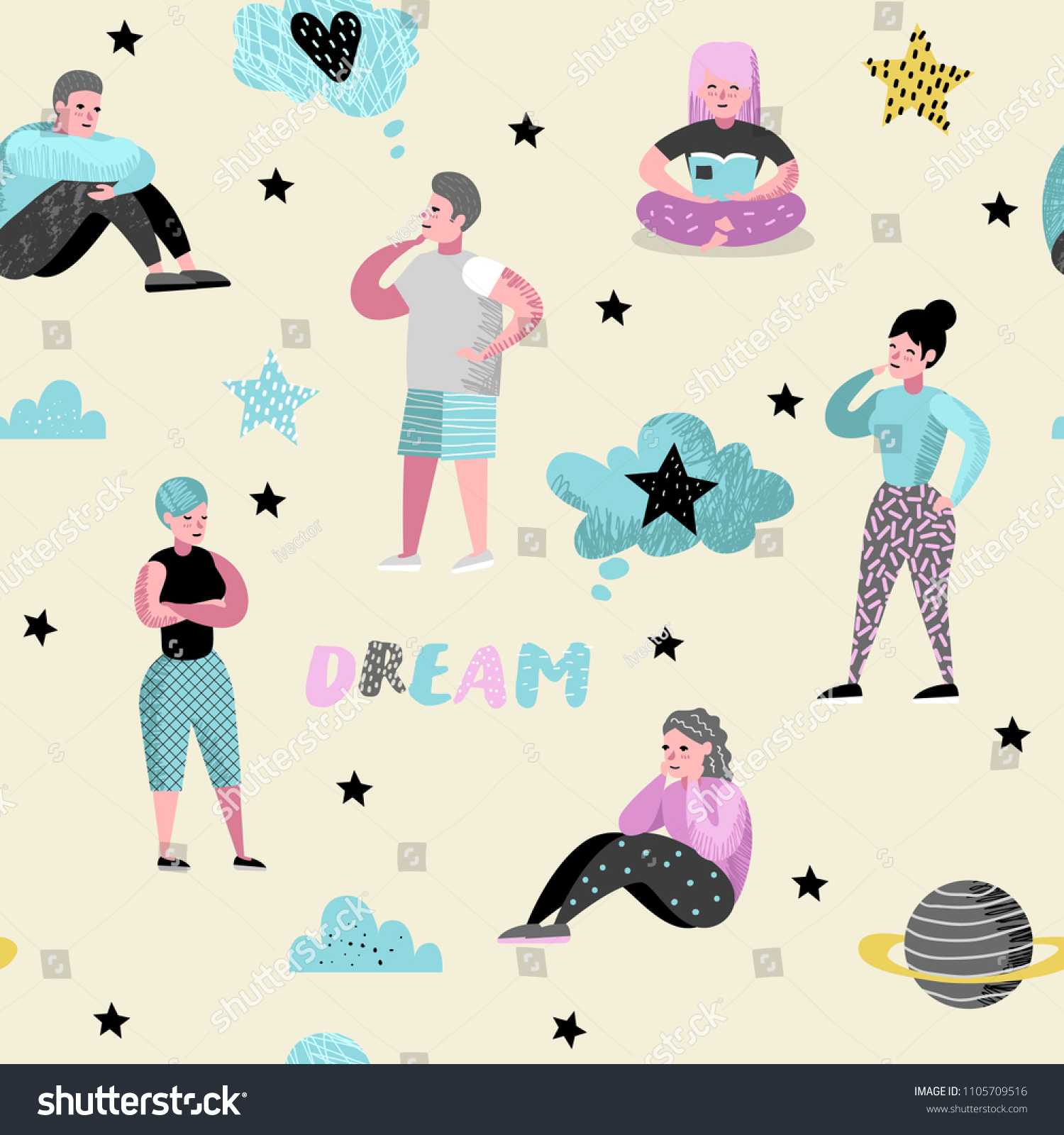 Happy People Dreaming about Something Seamless Pattern. Young Man Thinking. Woman Dream about Future. Joyful Cartoon Characters. Vector illustration