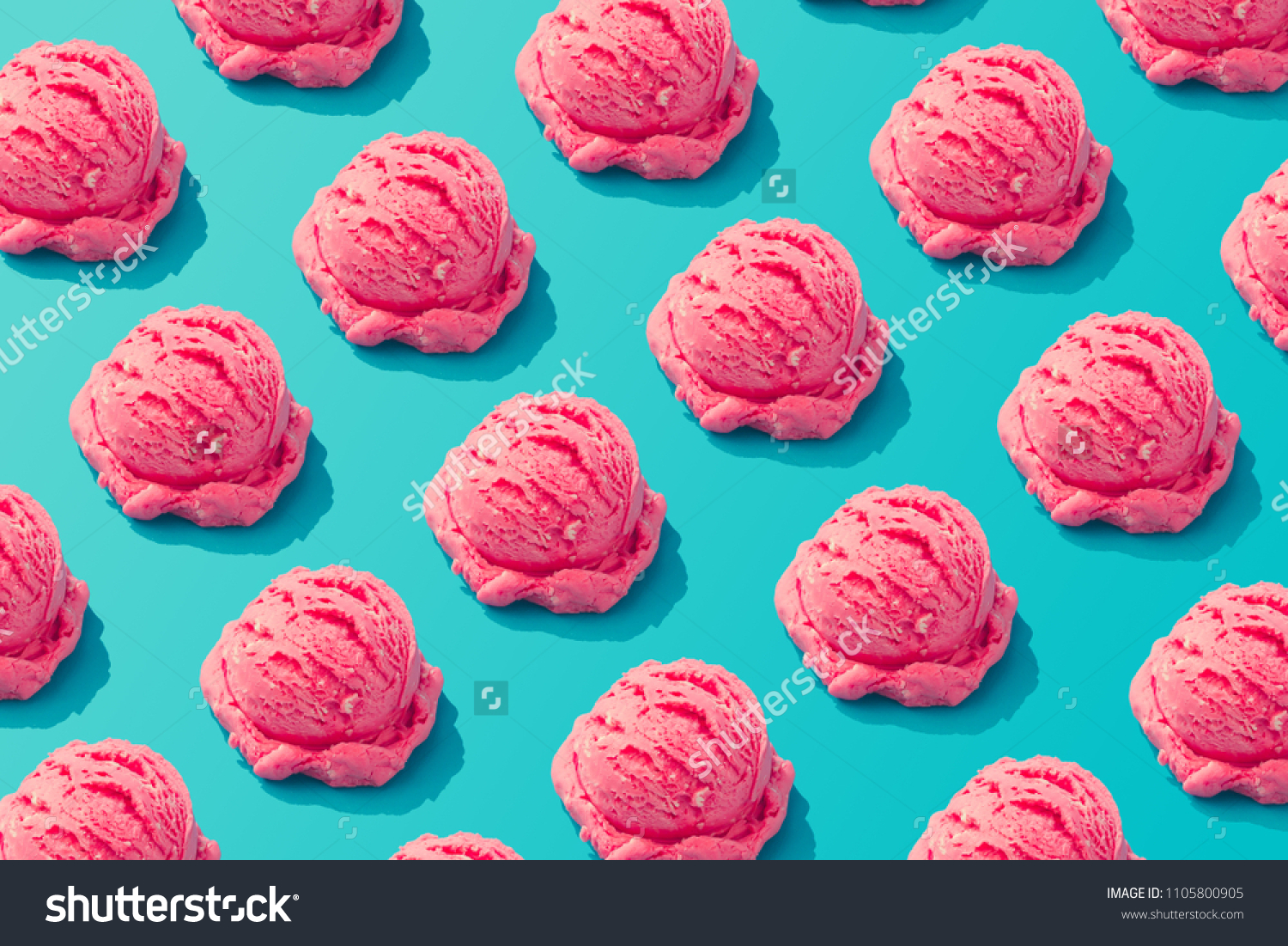 Pink strawberry ice cream pattern on pastel blue background. Summer minimalism. Isometric flat lay.