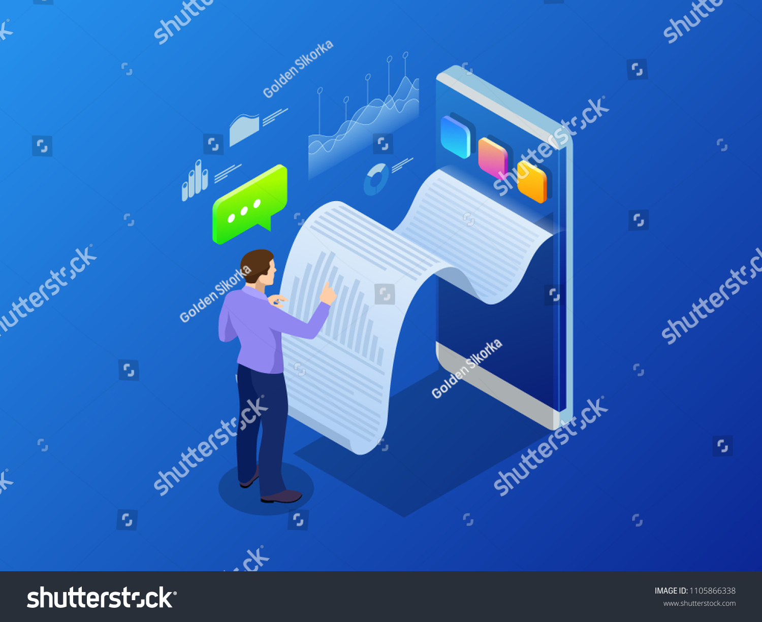 Isometric receipt of statistics data  notification on financial transaction  mobile bank  smartphone with a paper bill. Analysis and statistic online services.