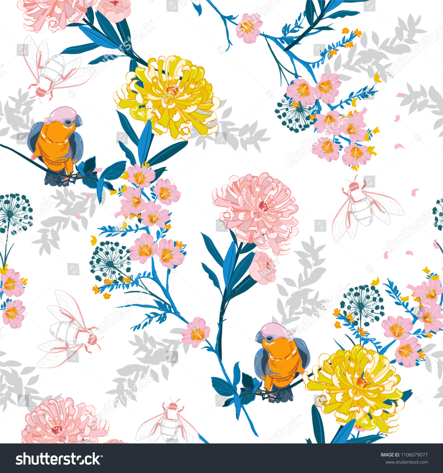 Beautiful and softy Japanese blooming flowers  branches  leaves and birds. Vector seamless pattern. Illustration for fabrics and all prints on white color background