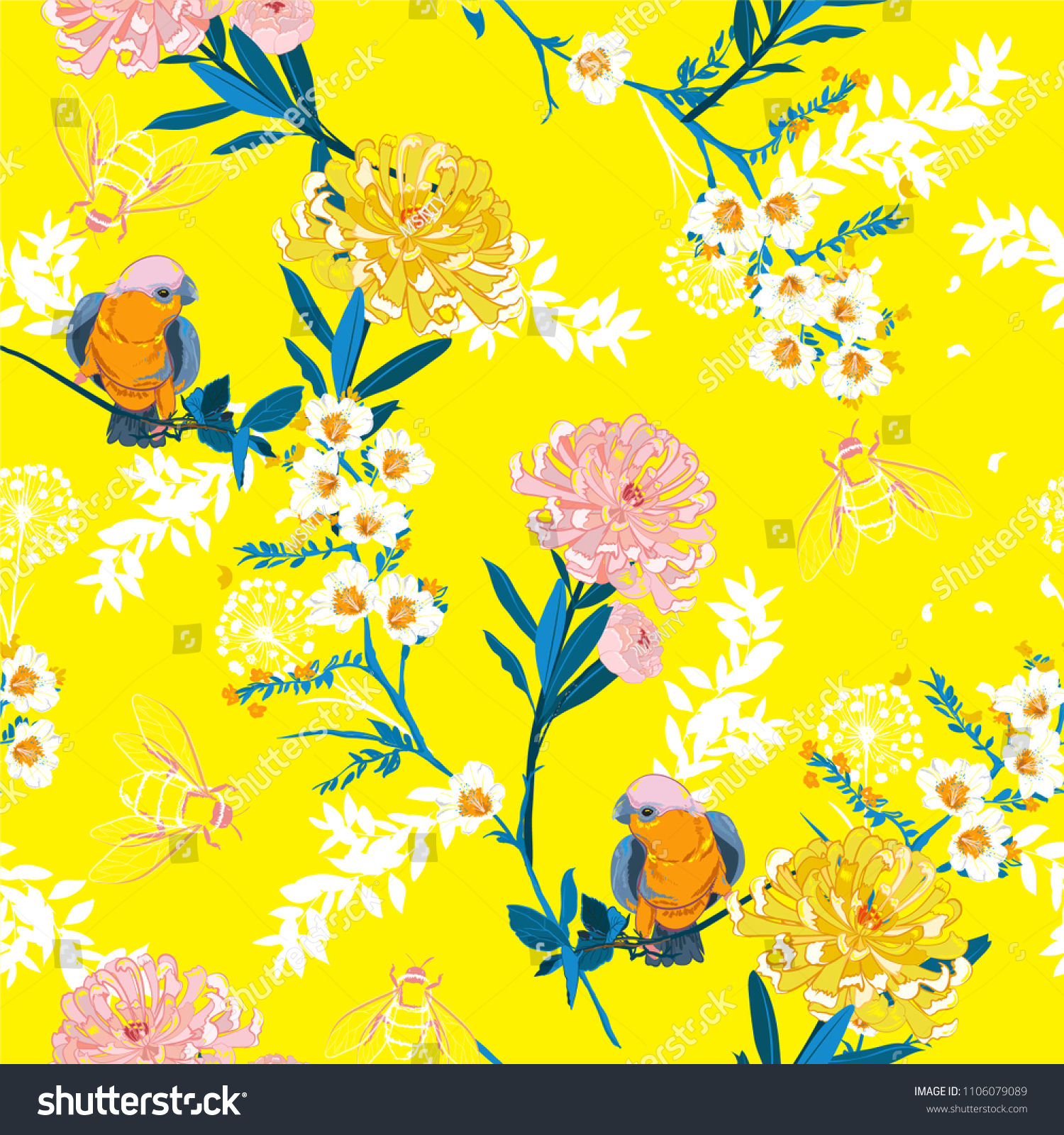 Fresh and bright  blooming flowers  branches  leaves and birds. Vector seamless pattern. Illustration for fabrics and all prints on yellow background on japanese style.