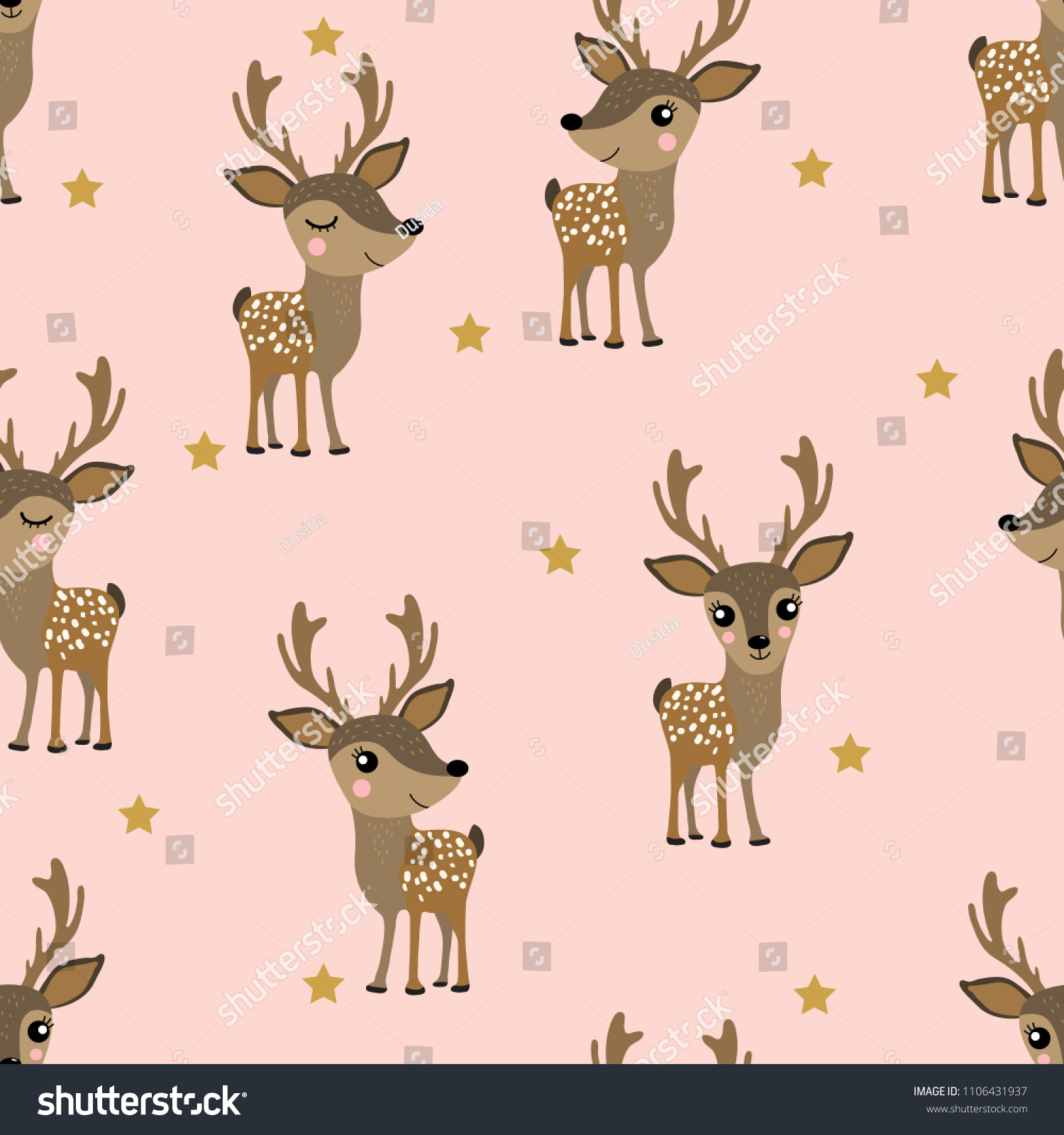 Cute deer and star seamless pattern. Wildlife cartoon background. Forest animal character.