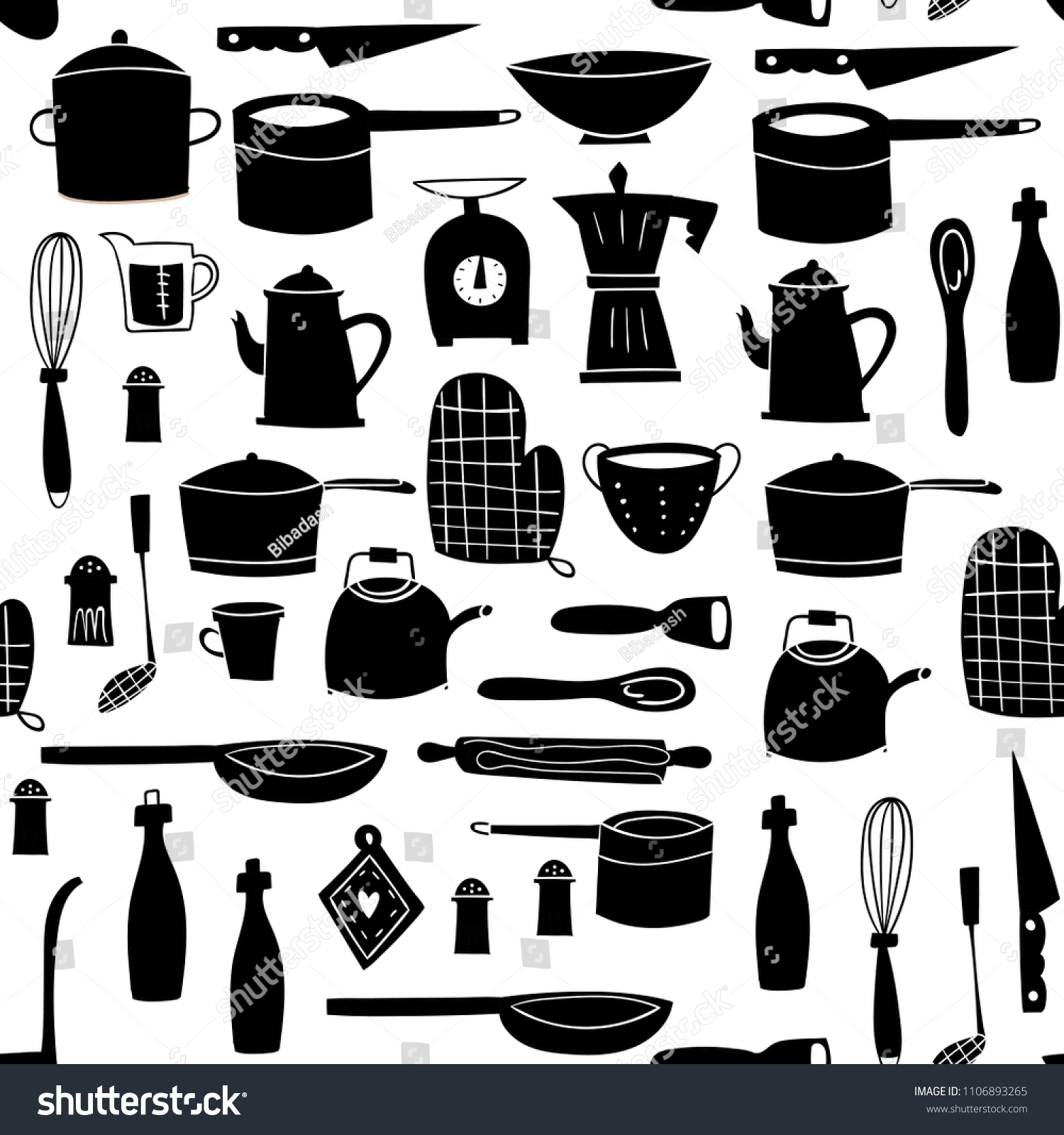 Hand drawn Kitchenware. Graphic vector seamless pattern