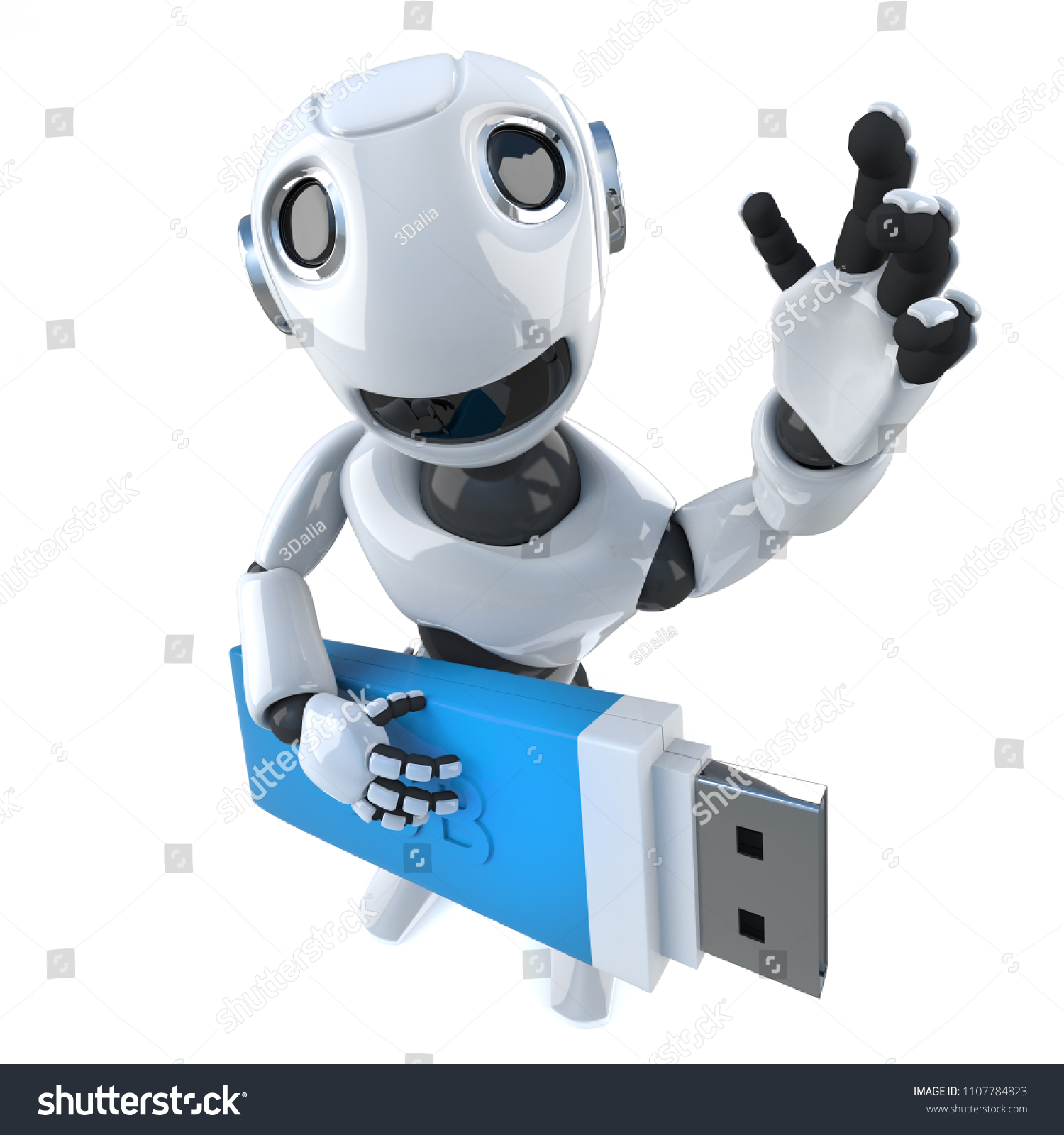 3d render of a funny cartoon robot character holding a usb thumb drive