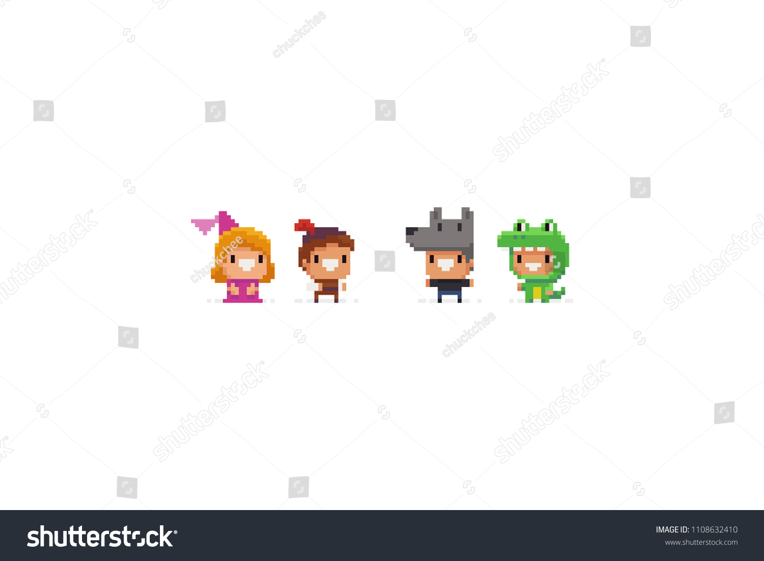Pixel art funky fantasy game characters in halloween suits. Princess and her savior  wolf  dragon.
