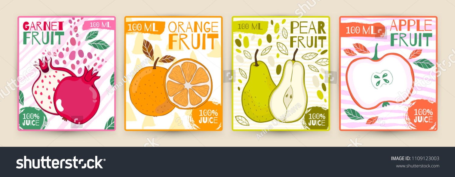 Set vector juice label fruit. Apple garnet  pear  orange. Hand draw illustration. Food design for package. Colorful