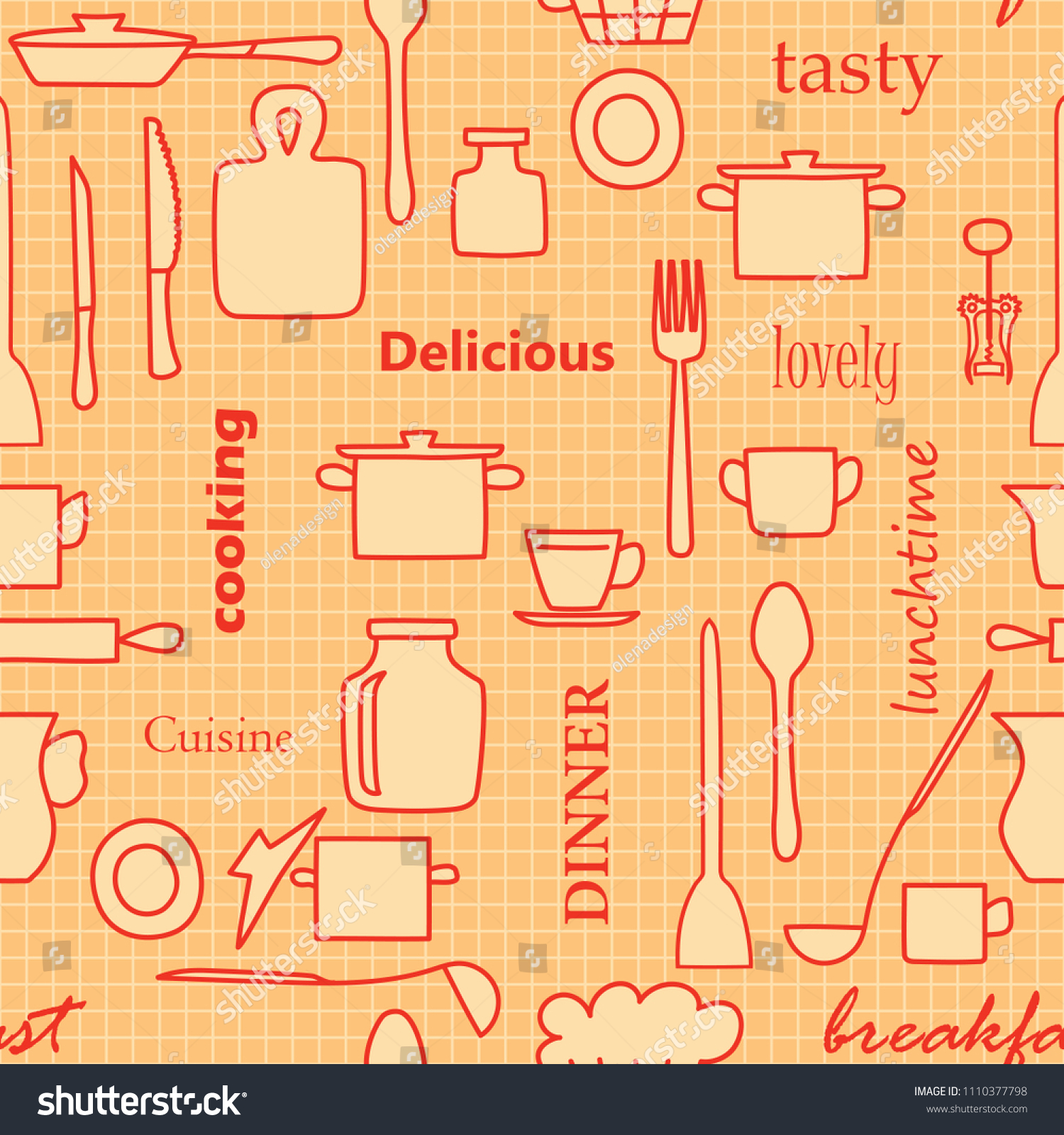 orange and red kitchenware and words - seamless pattern with silhouettes
