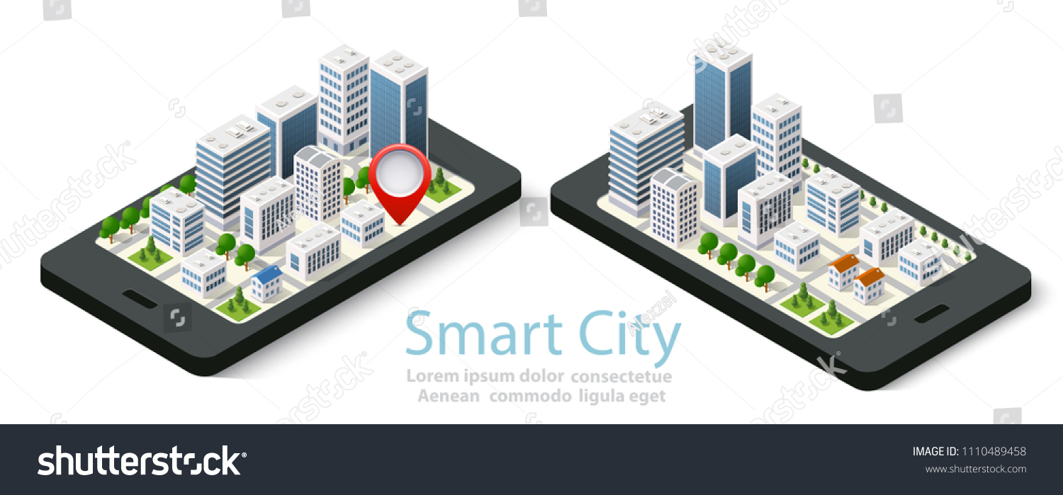 3d map isometric city of mobile navigator of location sign on street direction. Concept illustration of technology navigation for travel and business background.