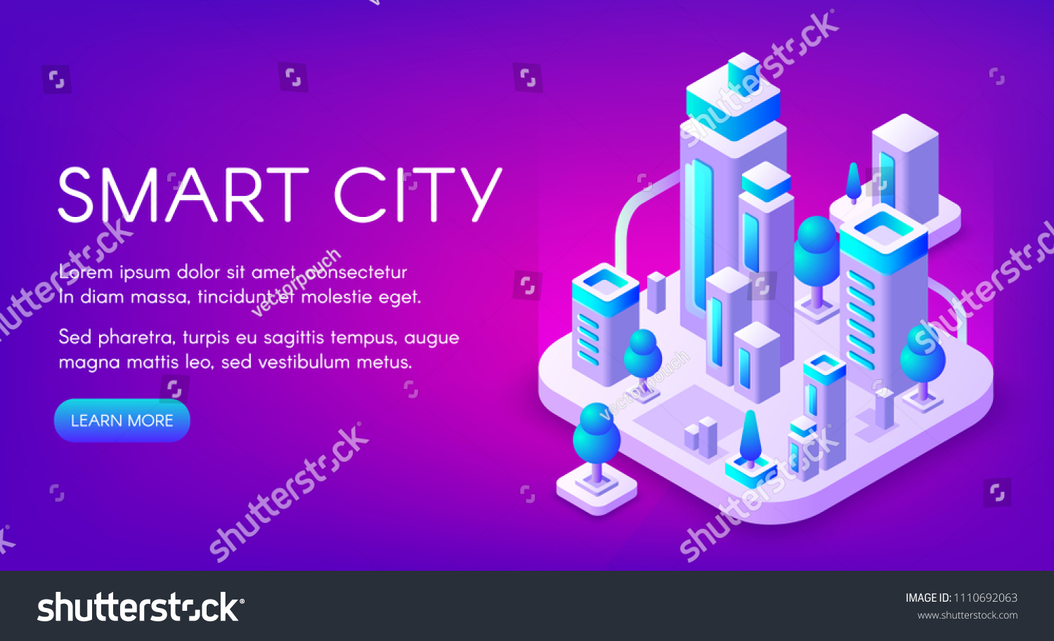 Smart city vector illustration of town with digital communication technology. Isometric office skyscrapers and apartments with urban infrastructure on purple ultraviolet background