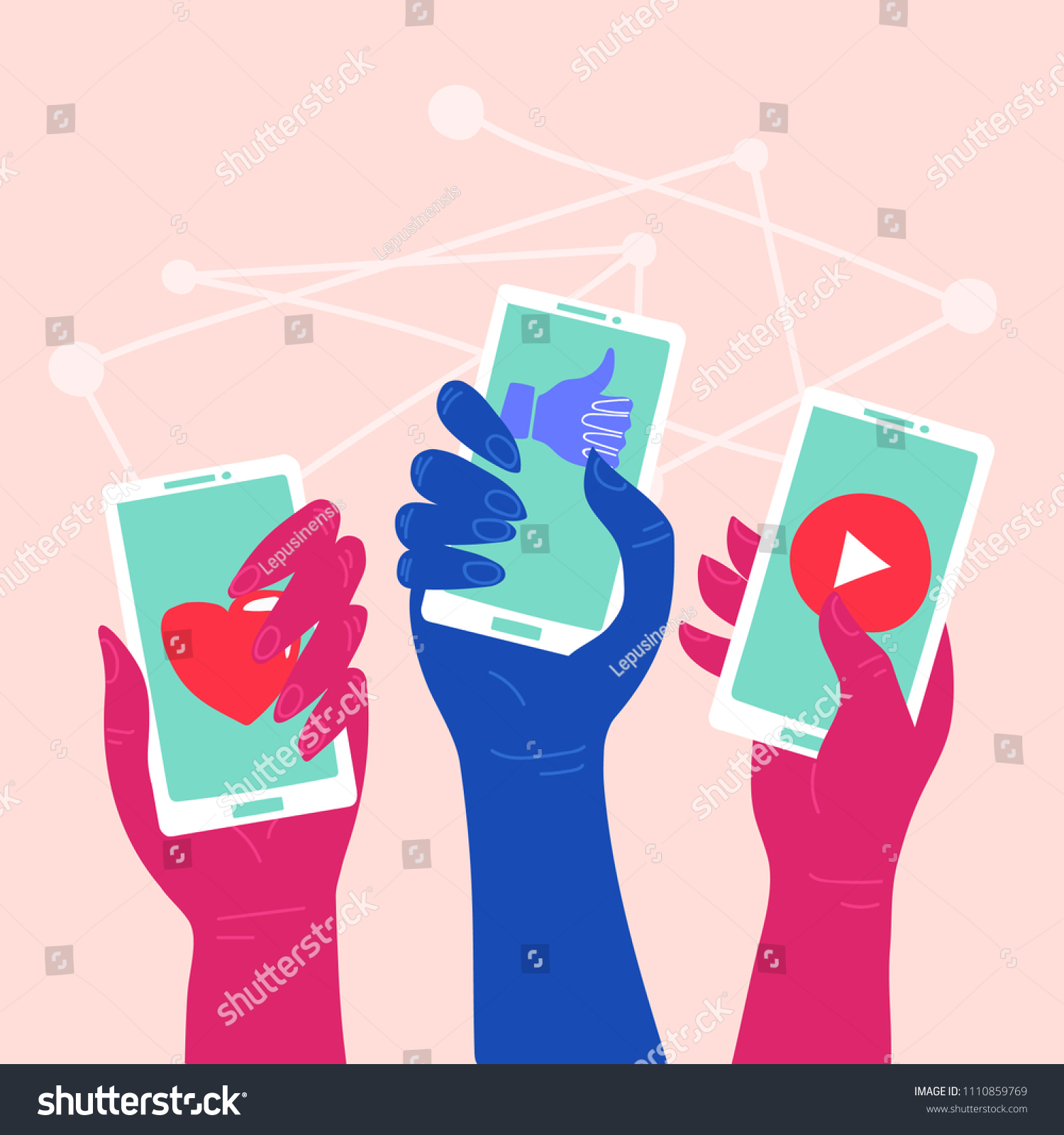 Social Network - Friends Interacting on Social Media People using different social platforms. Hands holding smartphones with social network apps icons. Online communication and connection.
