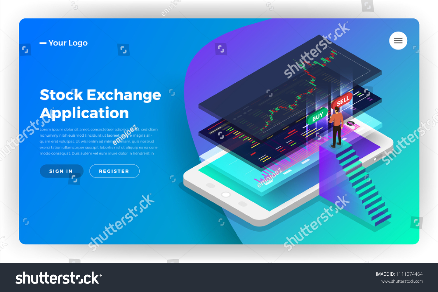 Mockup landing page website design concept stock exchange mobile application. Isometric vector illustrations.