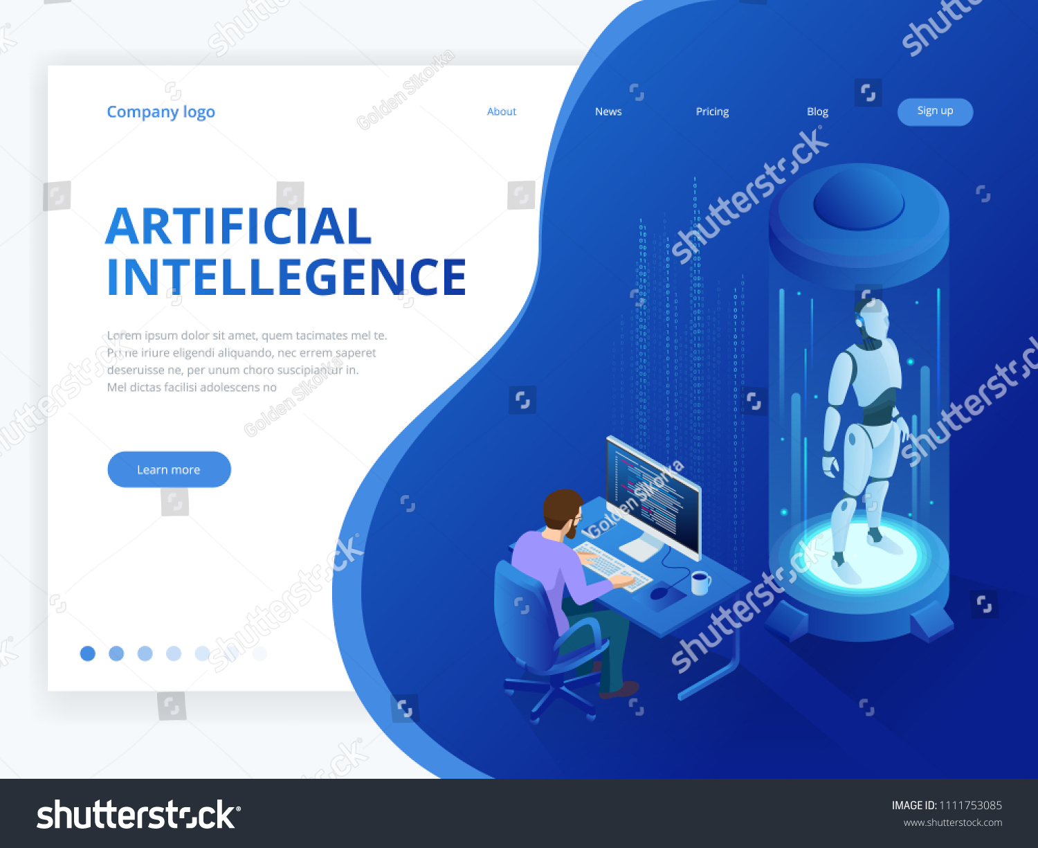 Isometric Robot with artificial intelligence. Robot cybernetic organism works with a virtual HUD interface in augmented reality. Future concept.