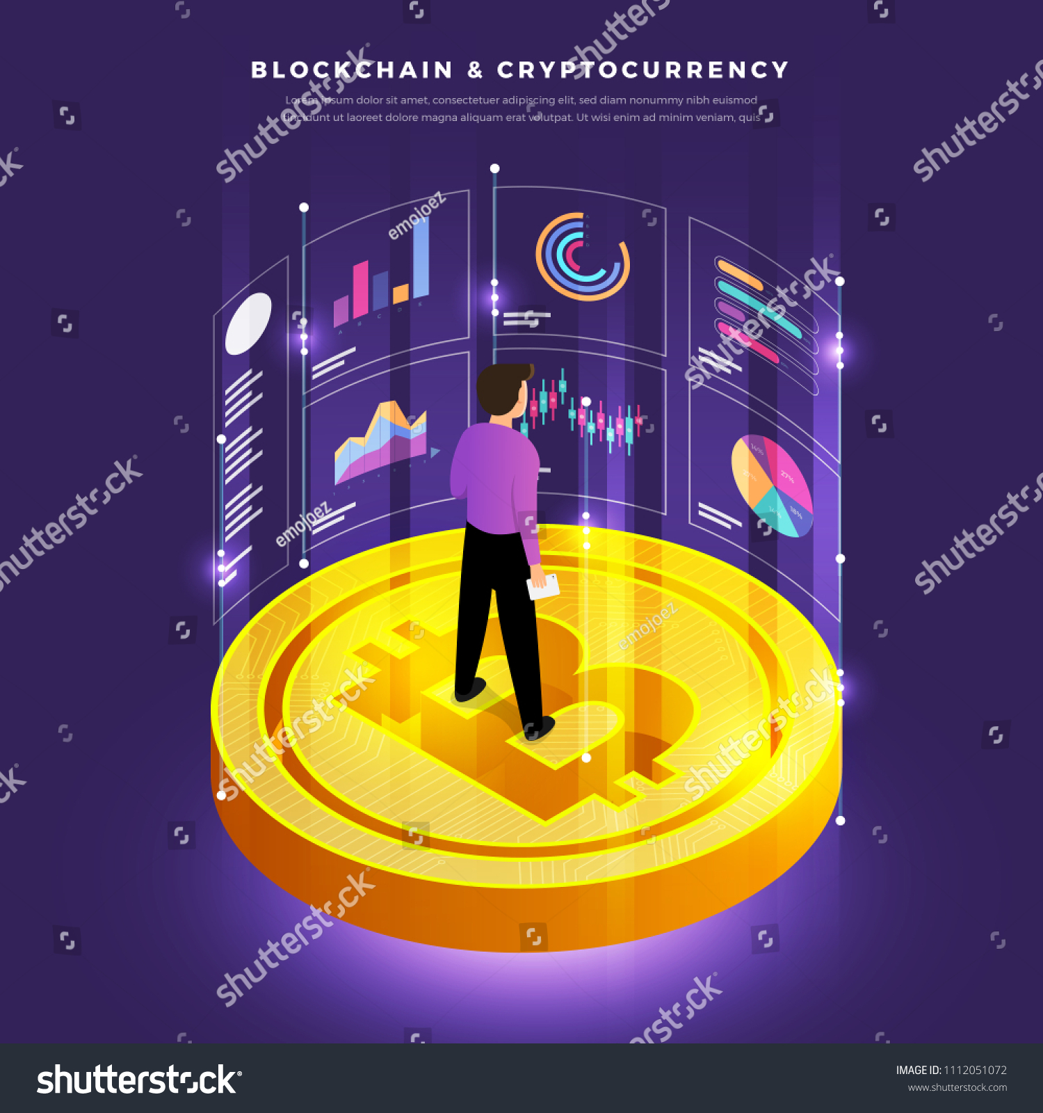 Flat design concept blockchain and cryptocurrency technology. Composition for layout design website banner. Isometric vector illustration.