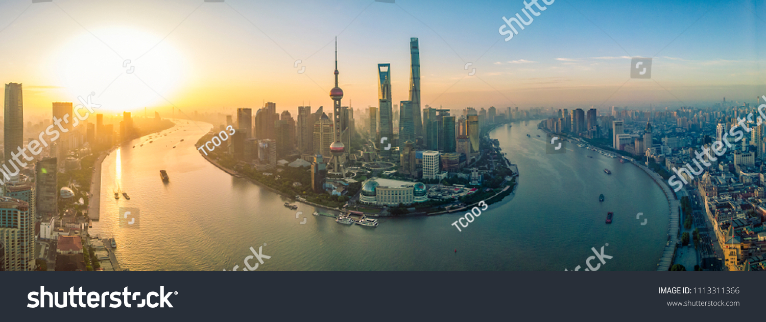 Sunrise aerial panoramic view of Lujiazui and Huangpu River  Shanghai